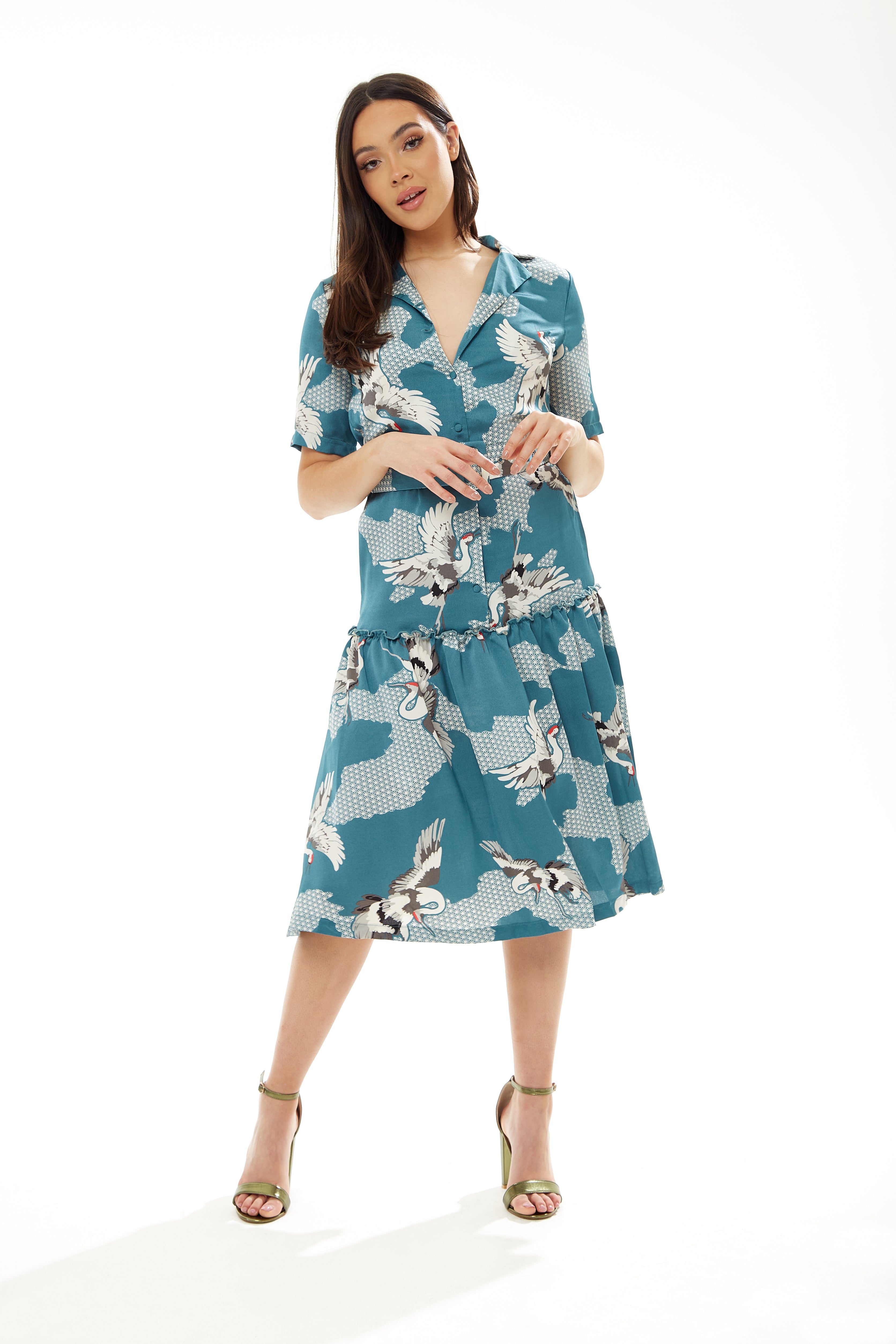 Women's Midi Dress in Mint Green Bird Print with Short Sleeves and Belted Detail by Liquorish