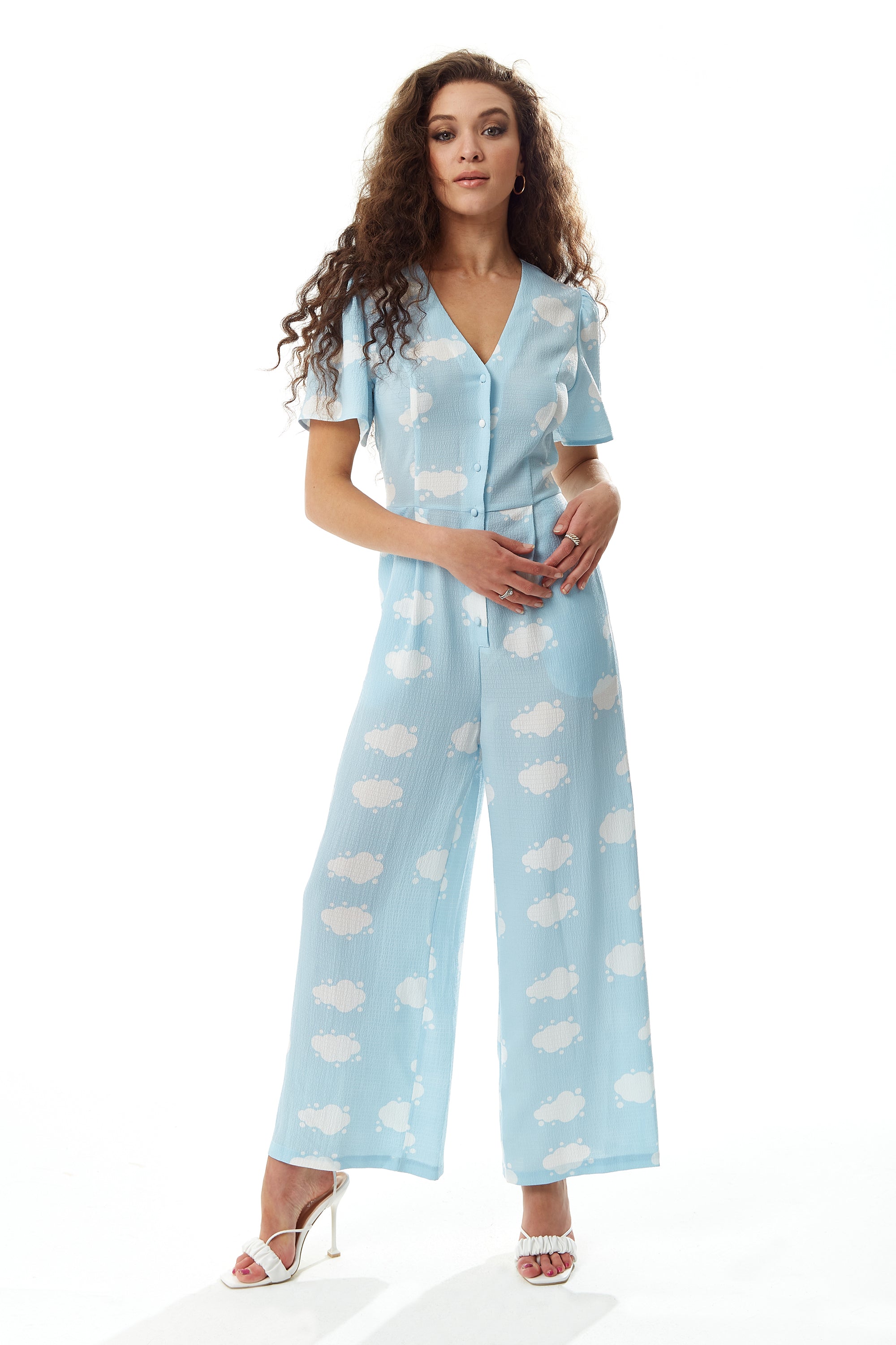 Women's Jumpsuit in Blue with Cloud Print, V Neck, Short Sleeves, Wide Legs, Button Details - Liquorish