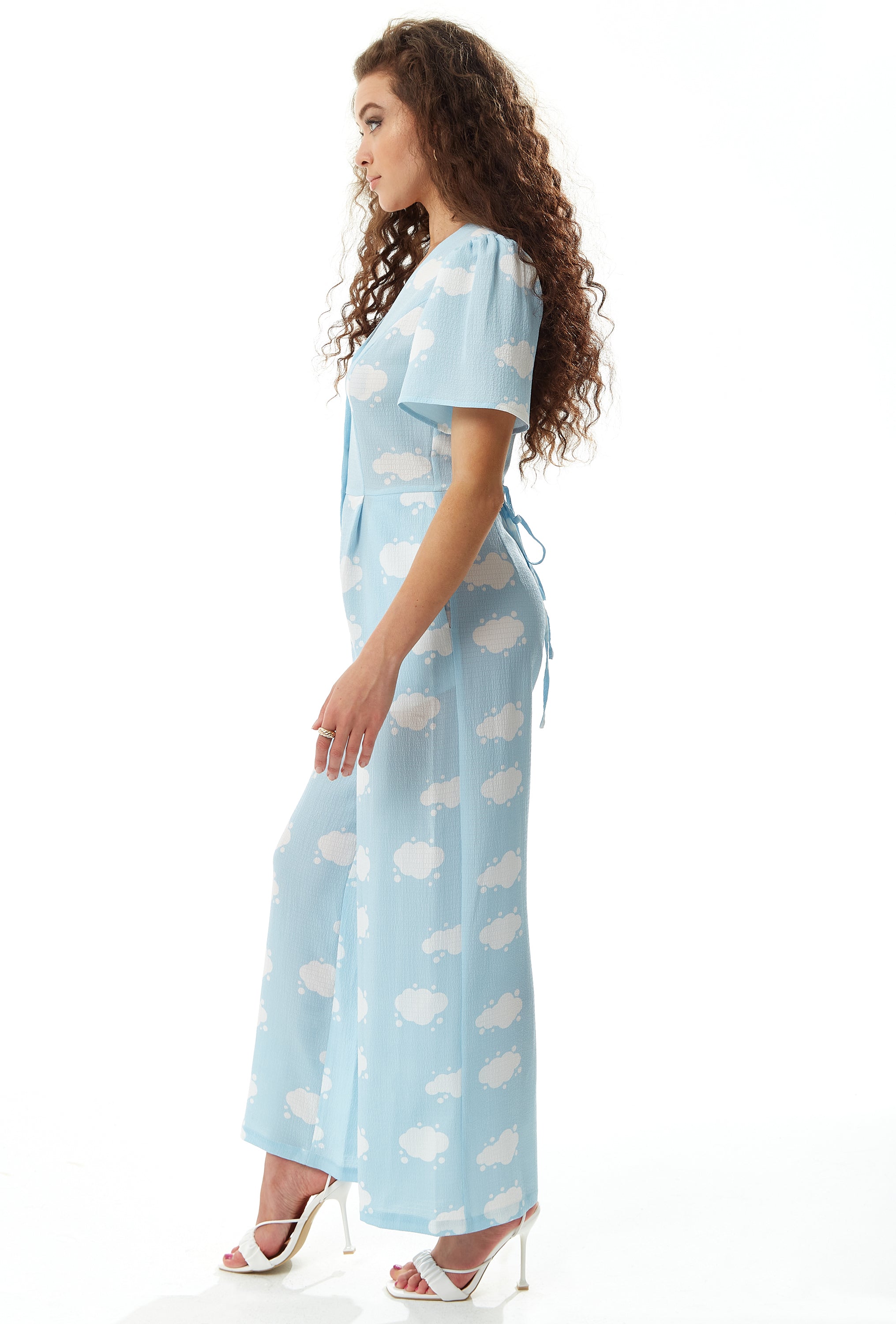 Women's Jumpsuit in Blue with Cloud Print, V Neck, Short Sleeves, Wide Legs, Button Details - Liquorish