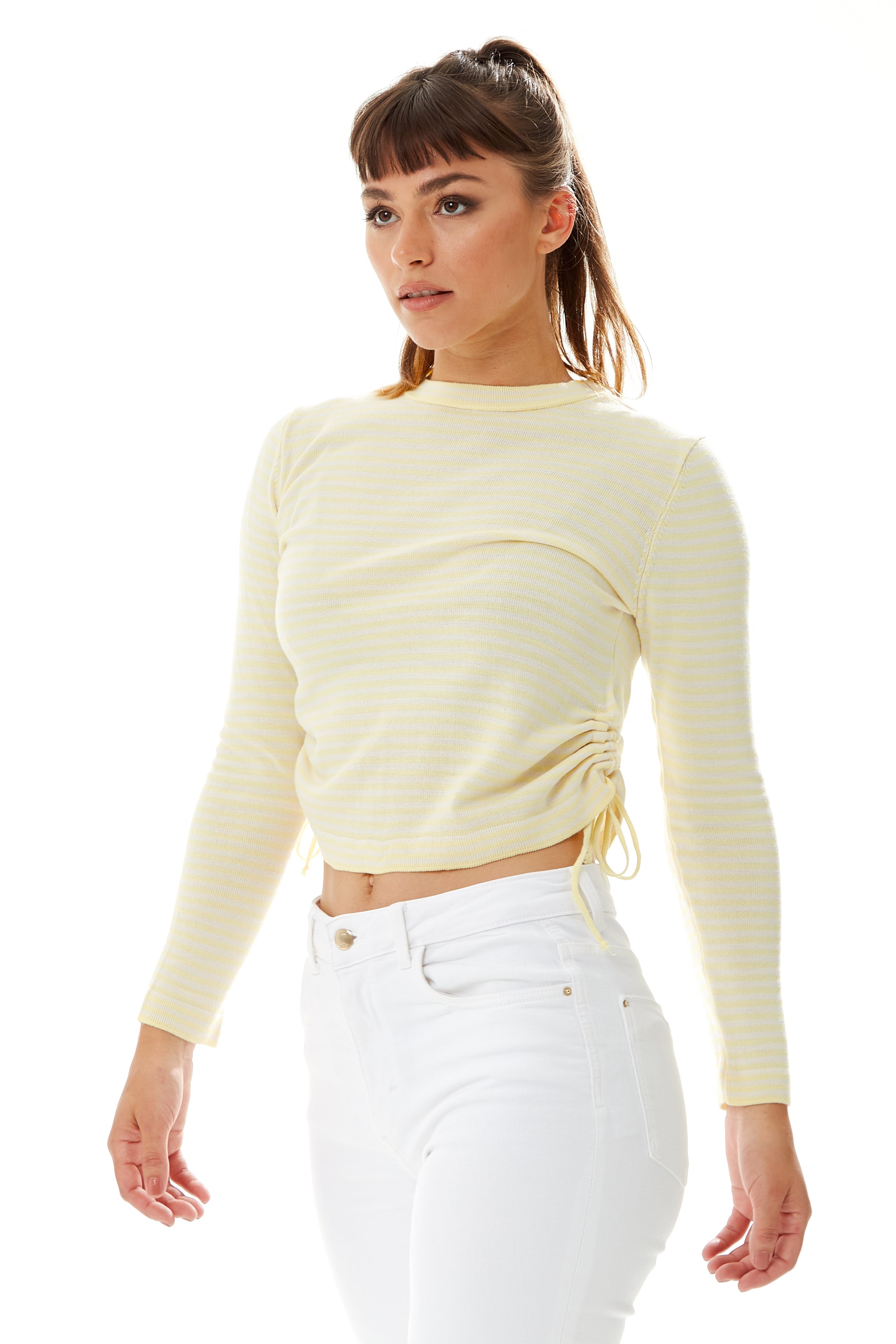 Women's Top in Yellow and White Stripes with Long Sleeves and Tie Details for Effortless Style
