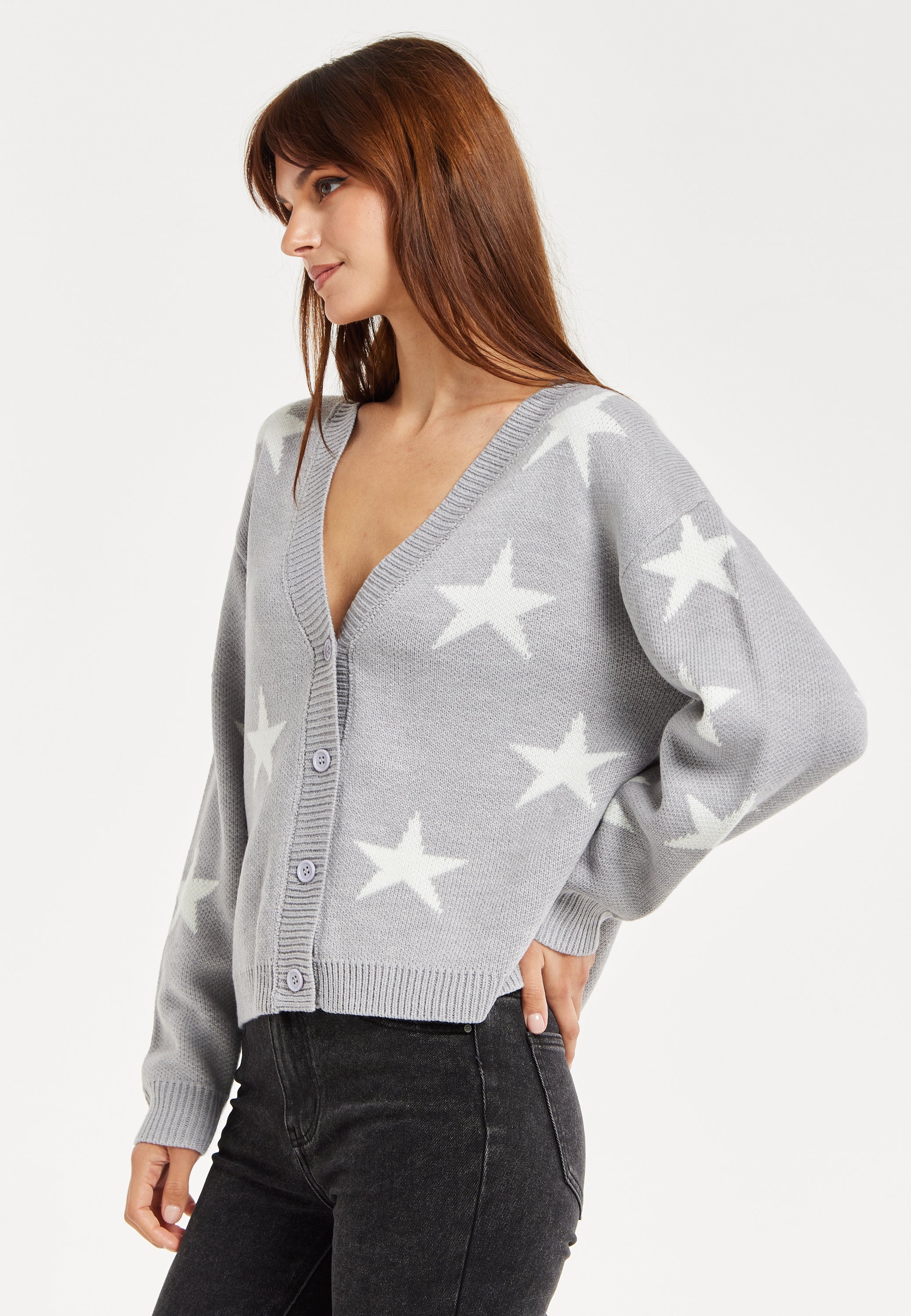 Women's Cardigan in Grey & White with Star Pattern, Button Front, Regular Fit - Liquorish