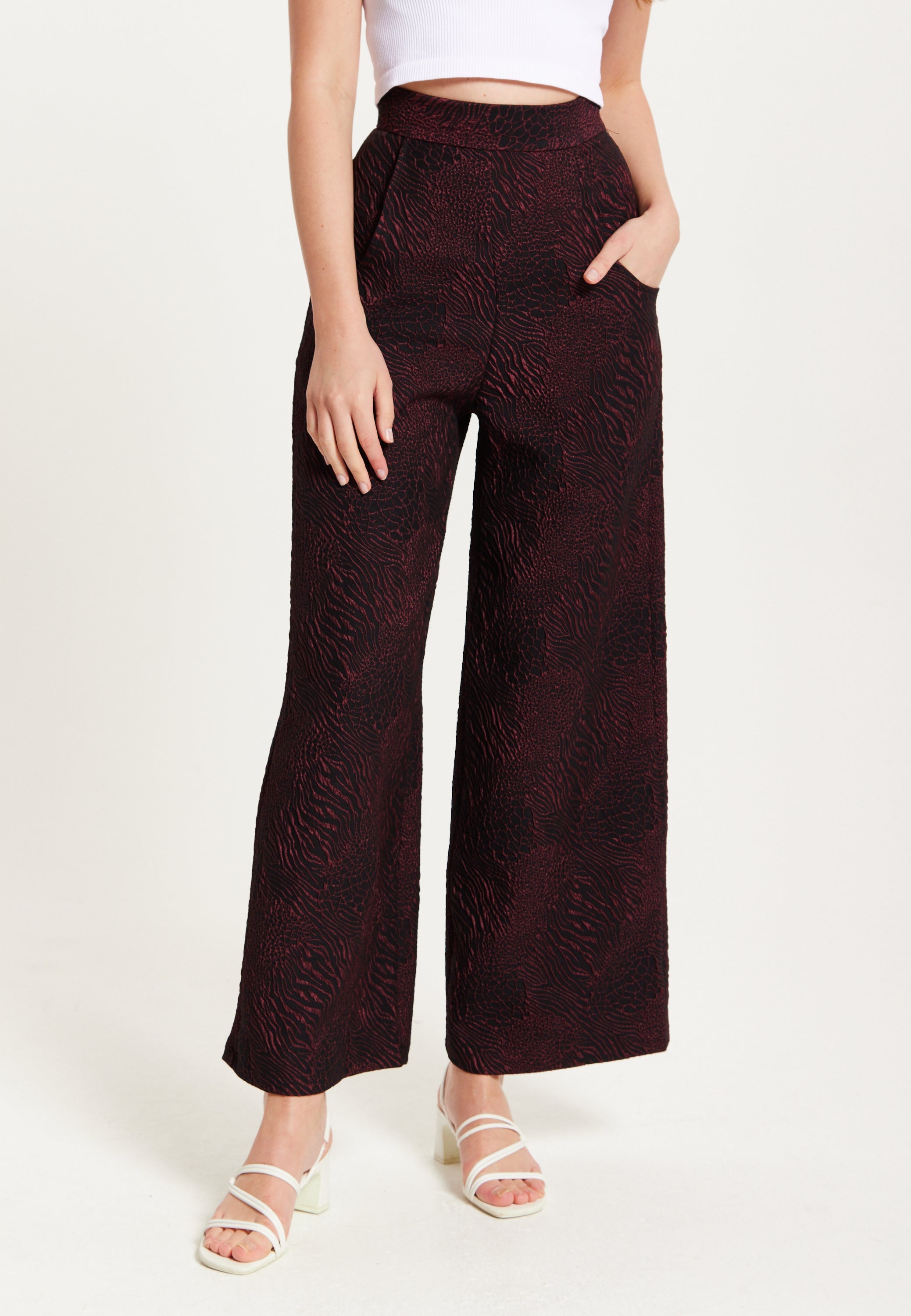 Women’s Wine Printed High Waist Wide Leg Trousers with Front Buttons and Pockets, Fits Small to Size – Liquorish