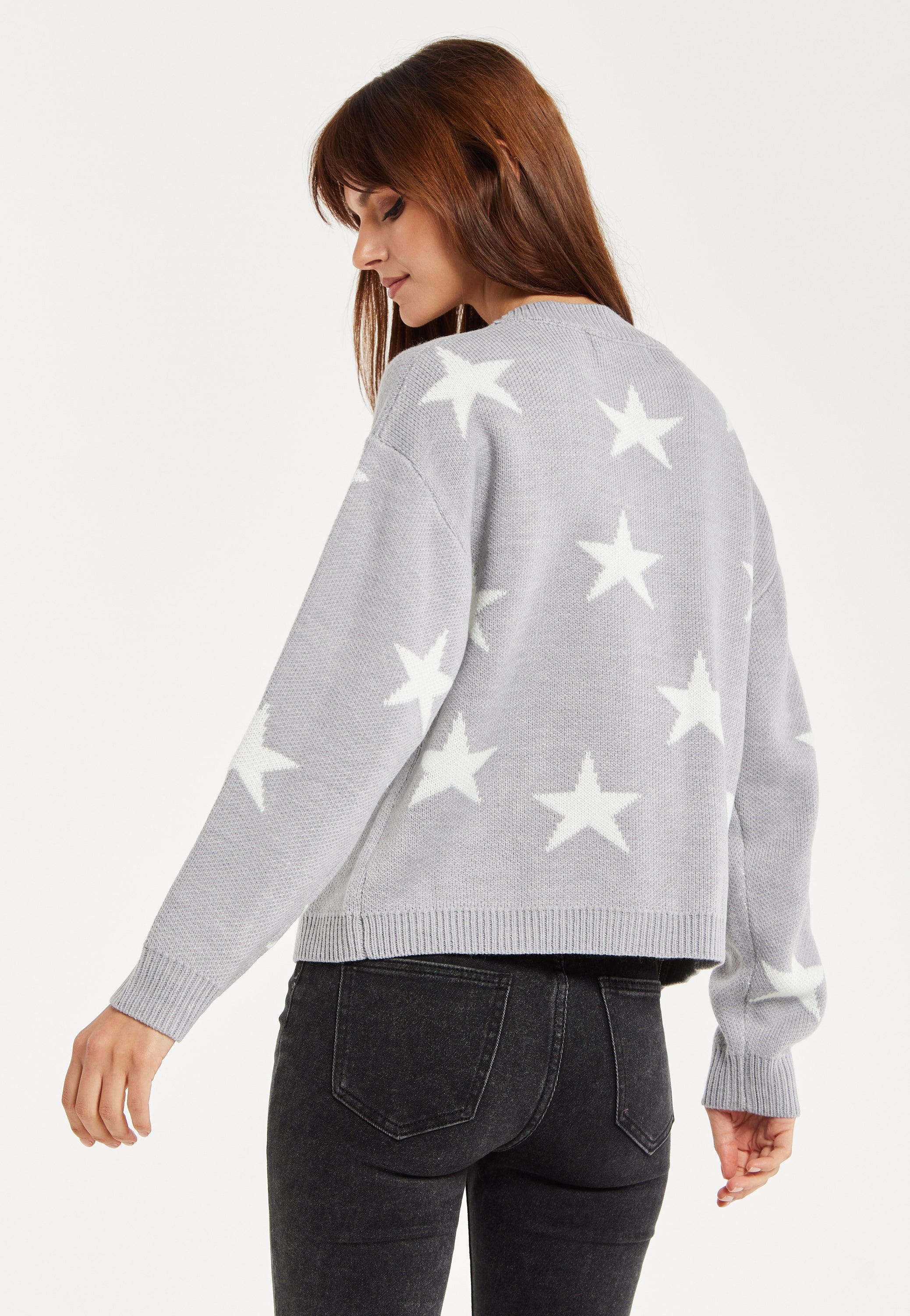 Women's Cardigan in Grey & White with Star Pattern, Button Front, Regular Fit - Liquorish