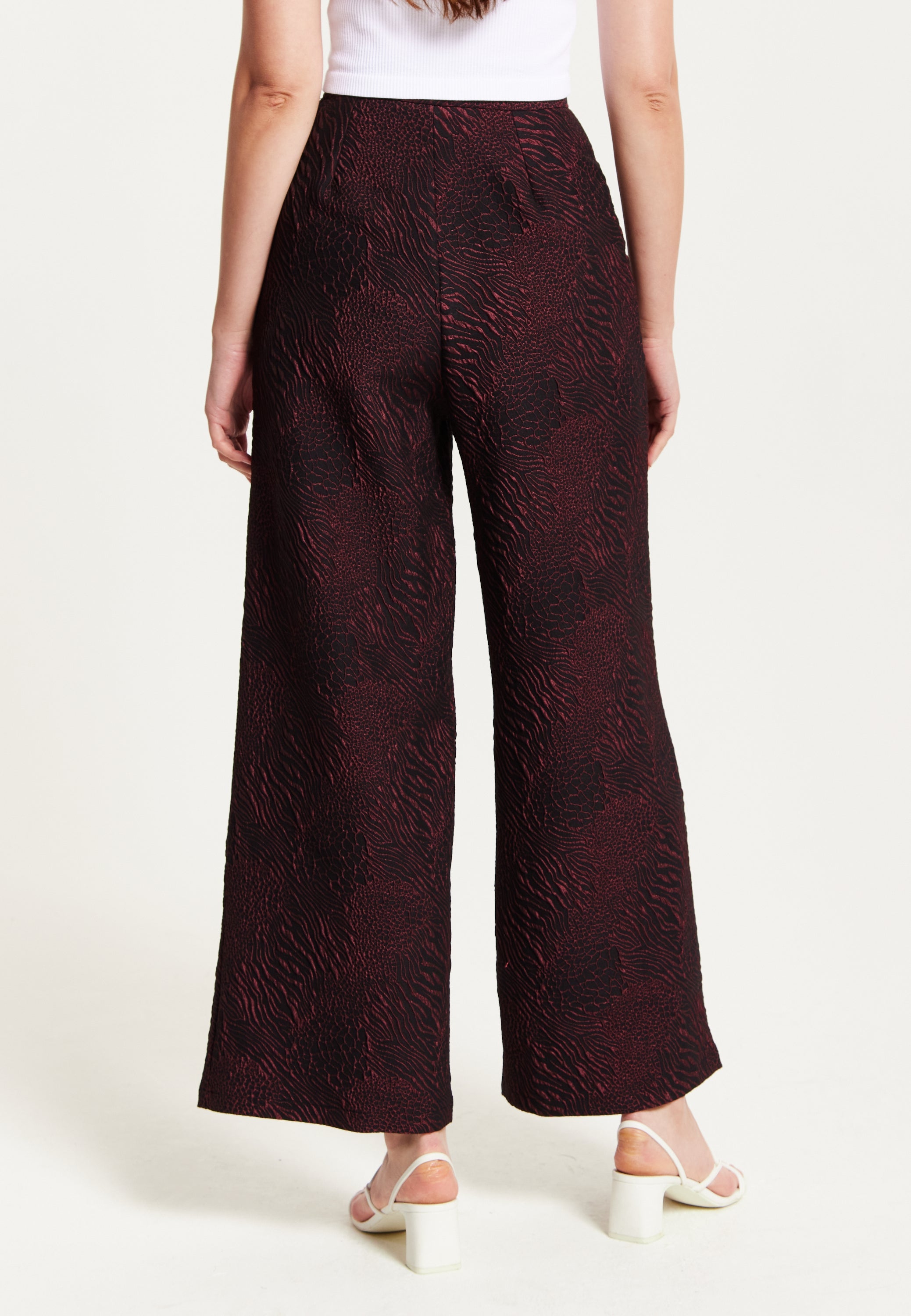 Women’s Wine Printed High Waist Wide Leg Trousers with Front Buttons and Pockets, Fits Small to Size – Liquorish