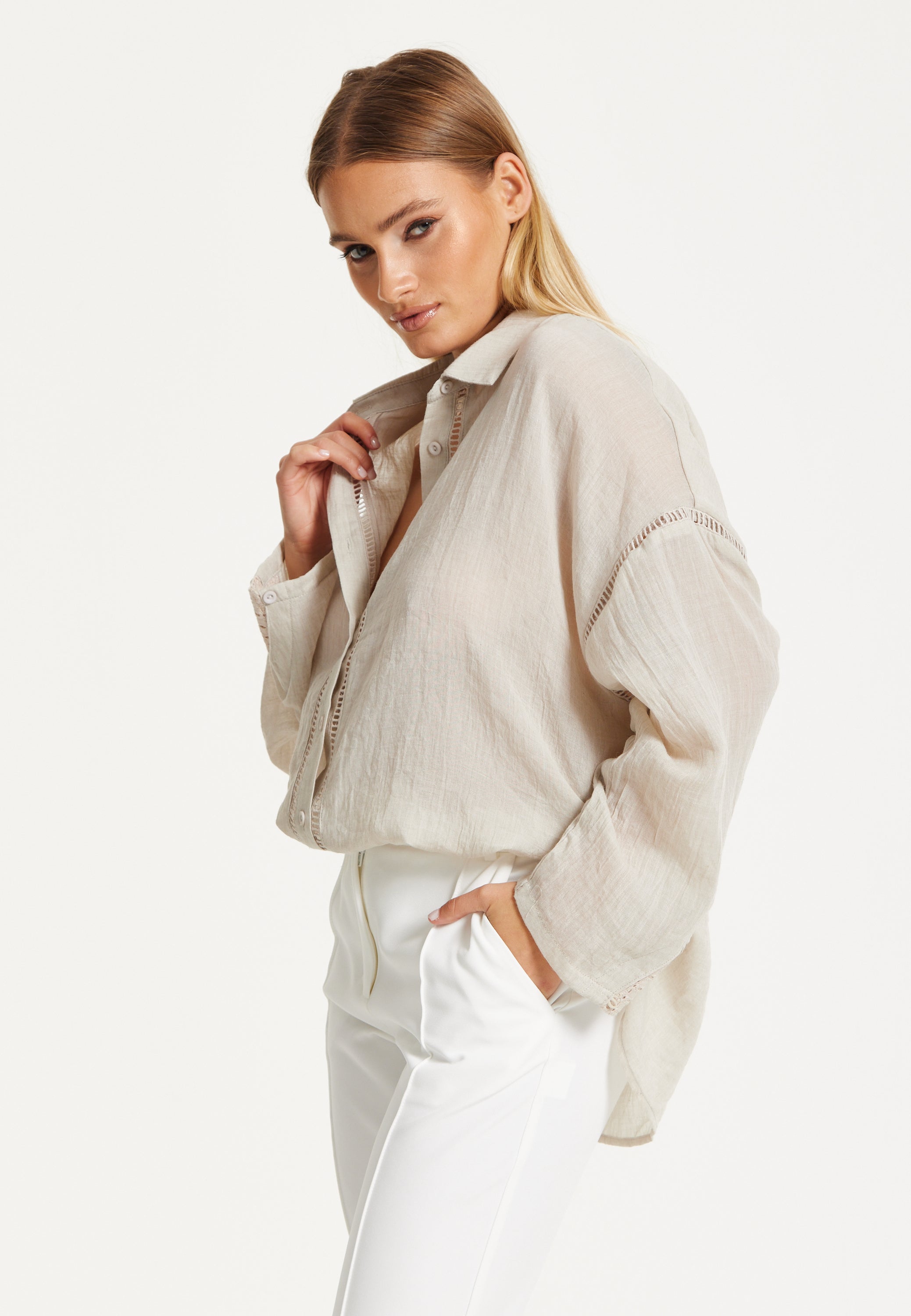 Beige Relaxed Fit Ladder Trim Shirt