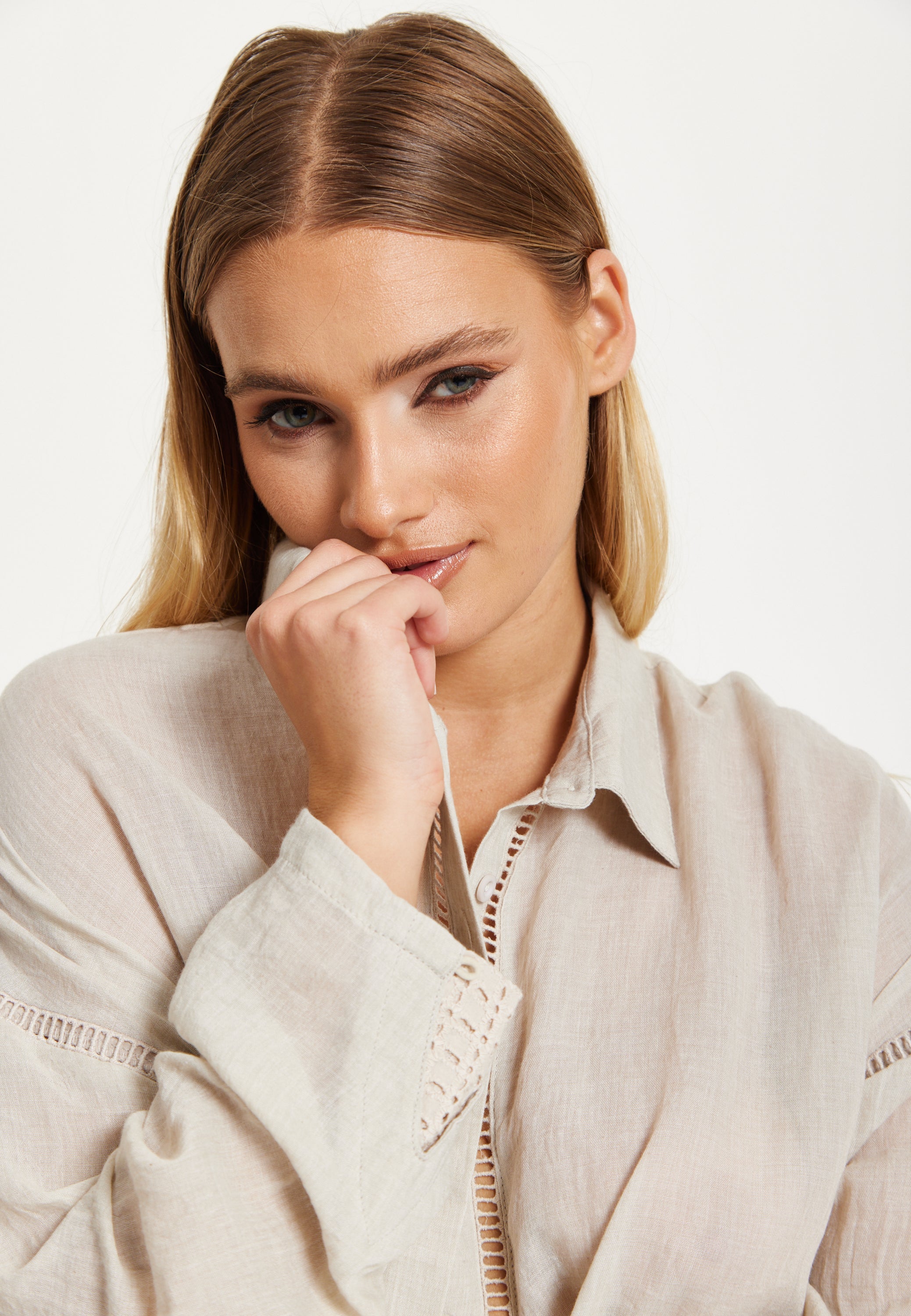 Beige Relaxed Fit Ladder Trim Shirt