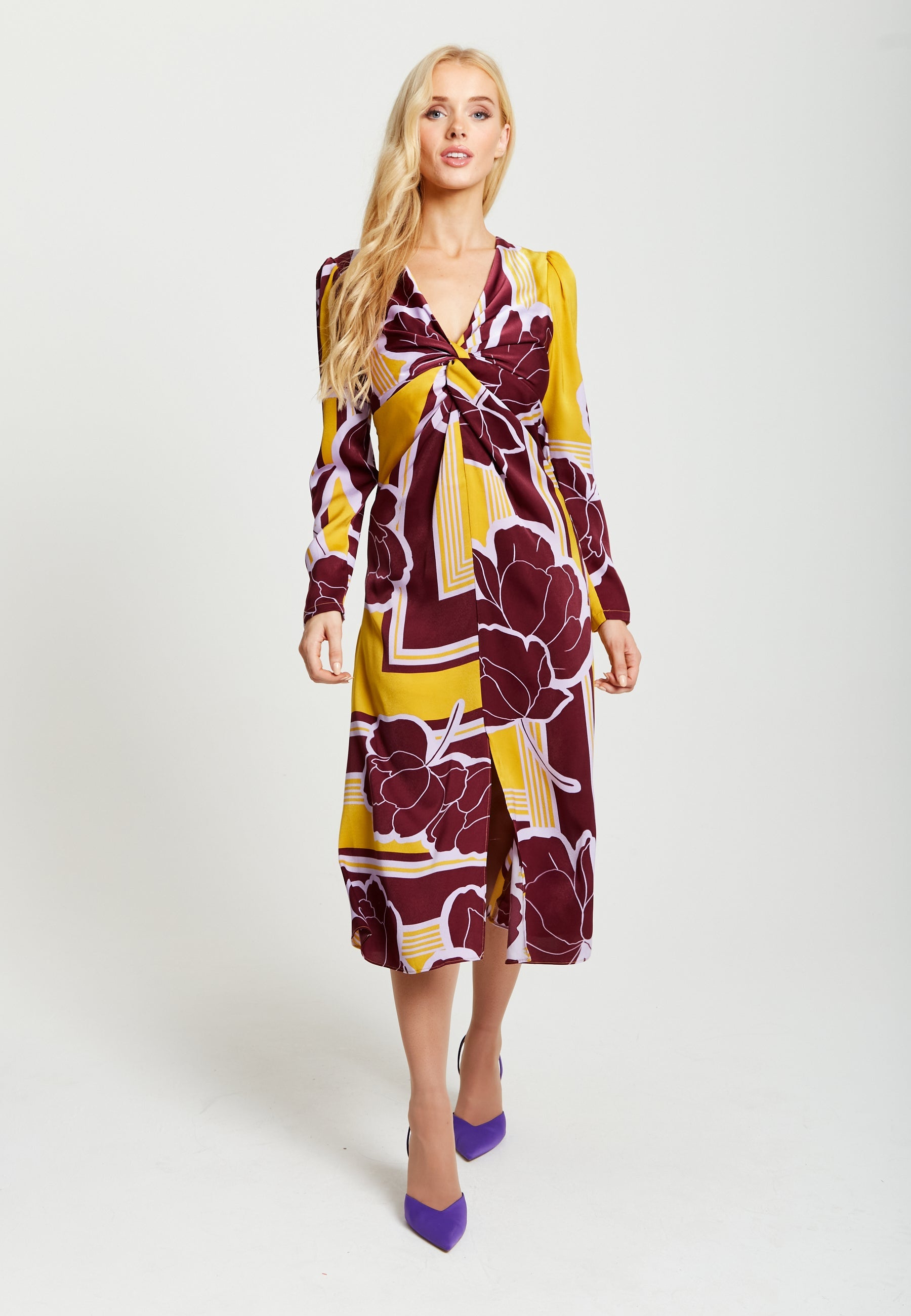 Women's Midi Dress with Long Sleeves in Mustard and Burgundy - Geometric Floral Print by Liquorish