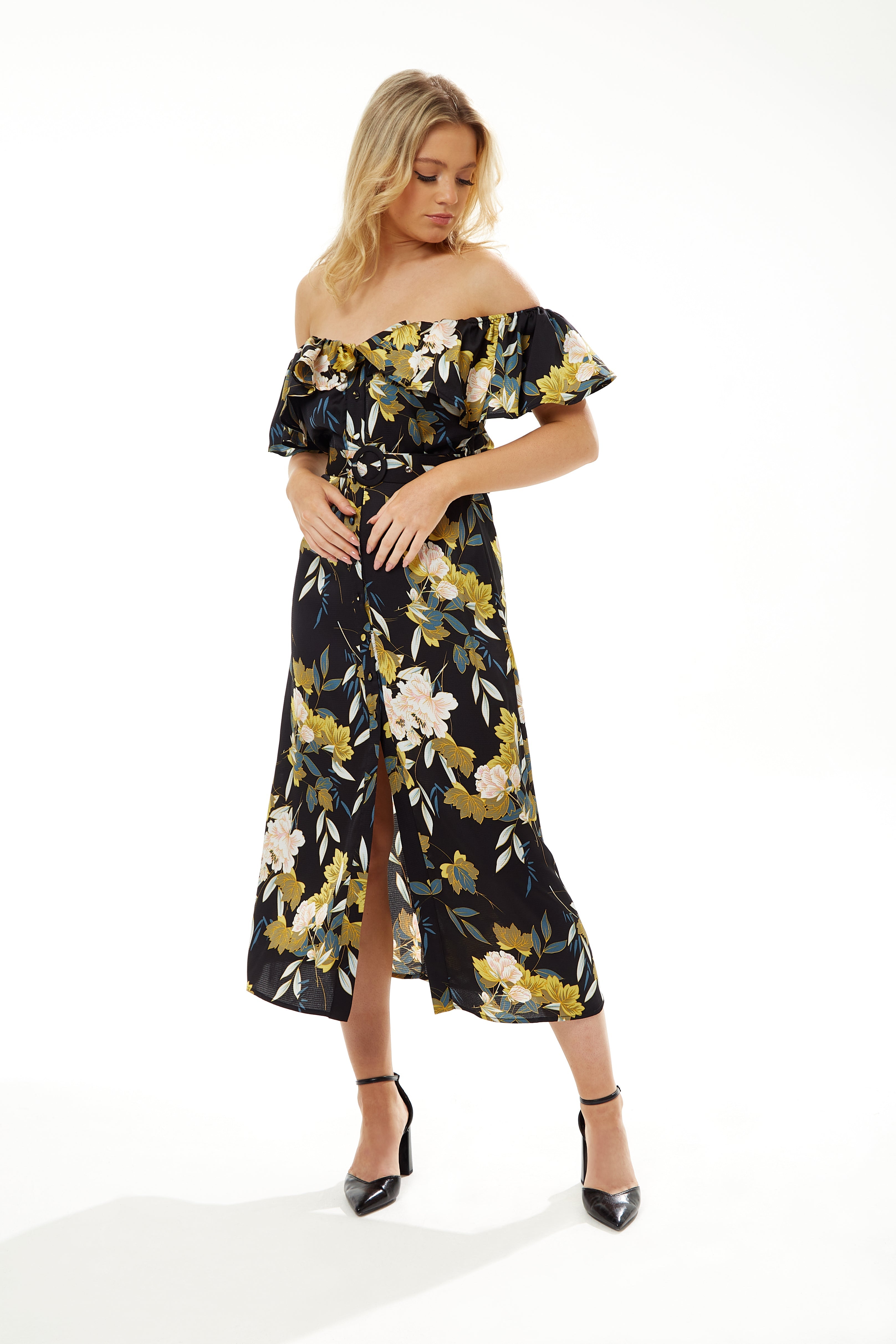 Women's Midi Dress with Off Shoulder Sleeves in Navy Floral Print - Liquorish