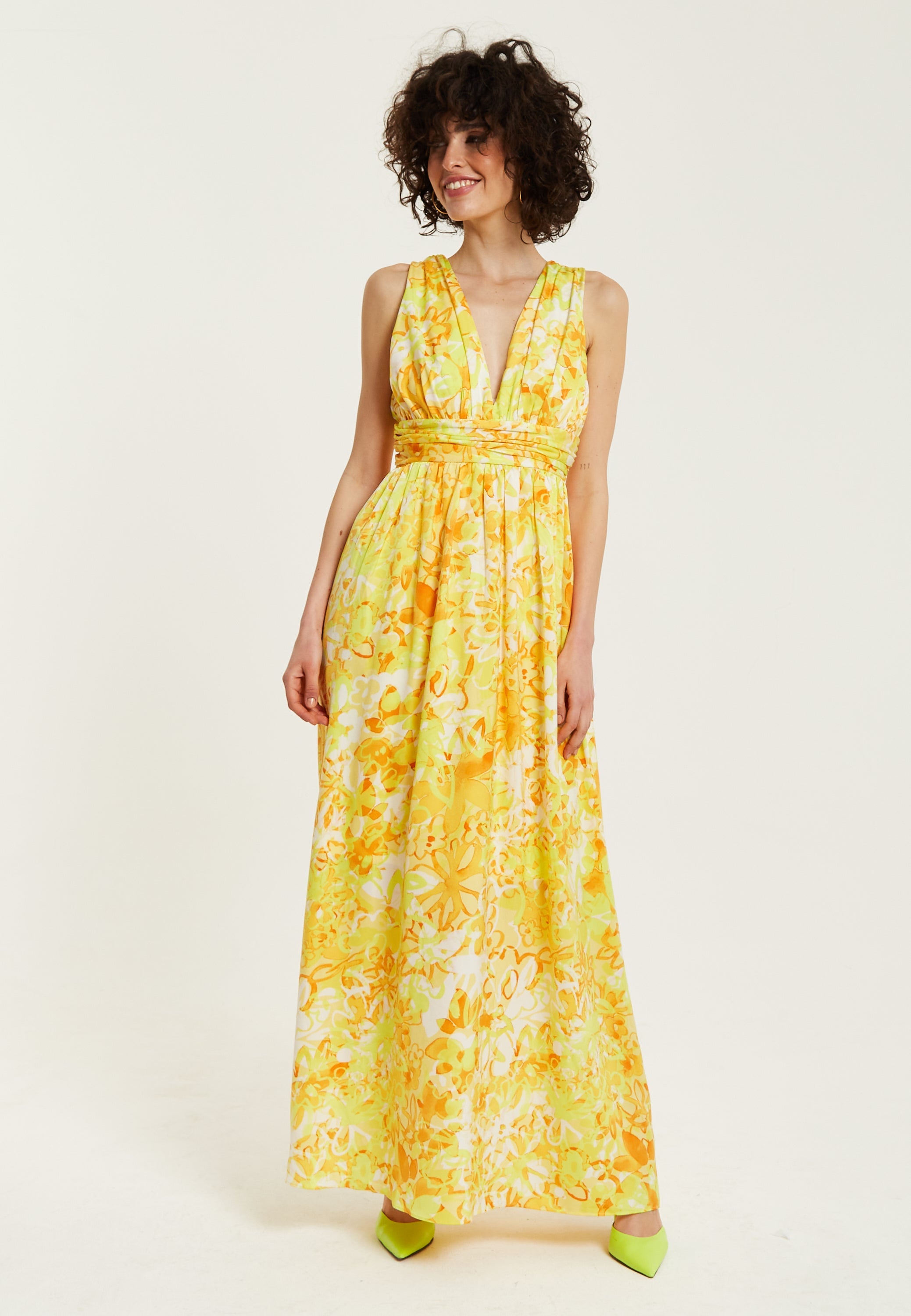Women's Maxi Dress with Sleeveless Design in Yellow and Orange Floral Print - Elegant V-Neck Style by Liquorish