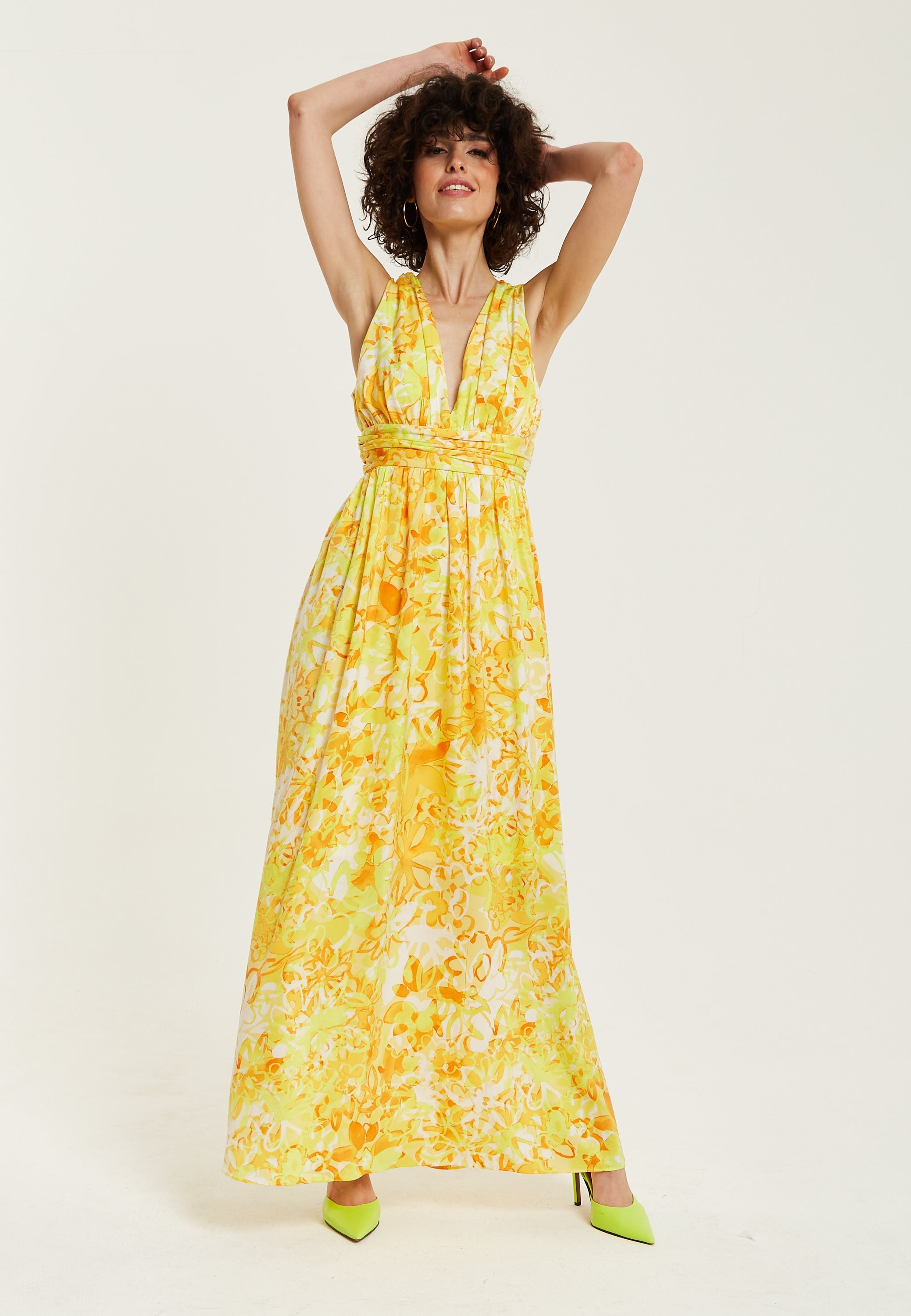 Women's Maxi Dress with Sleeveless Design in Yellow and Orange Floral Print - Elegant V-Neck Style by Liquorish