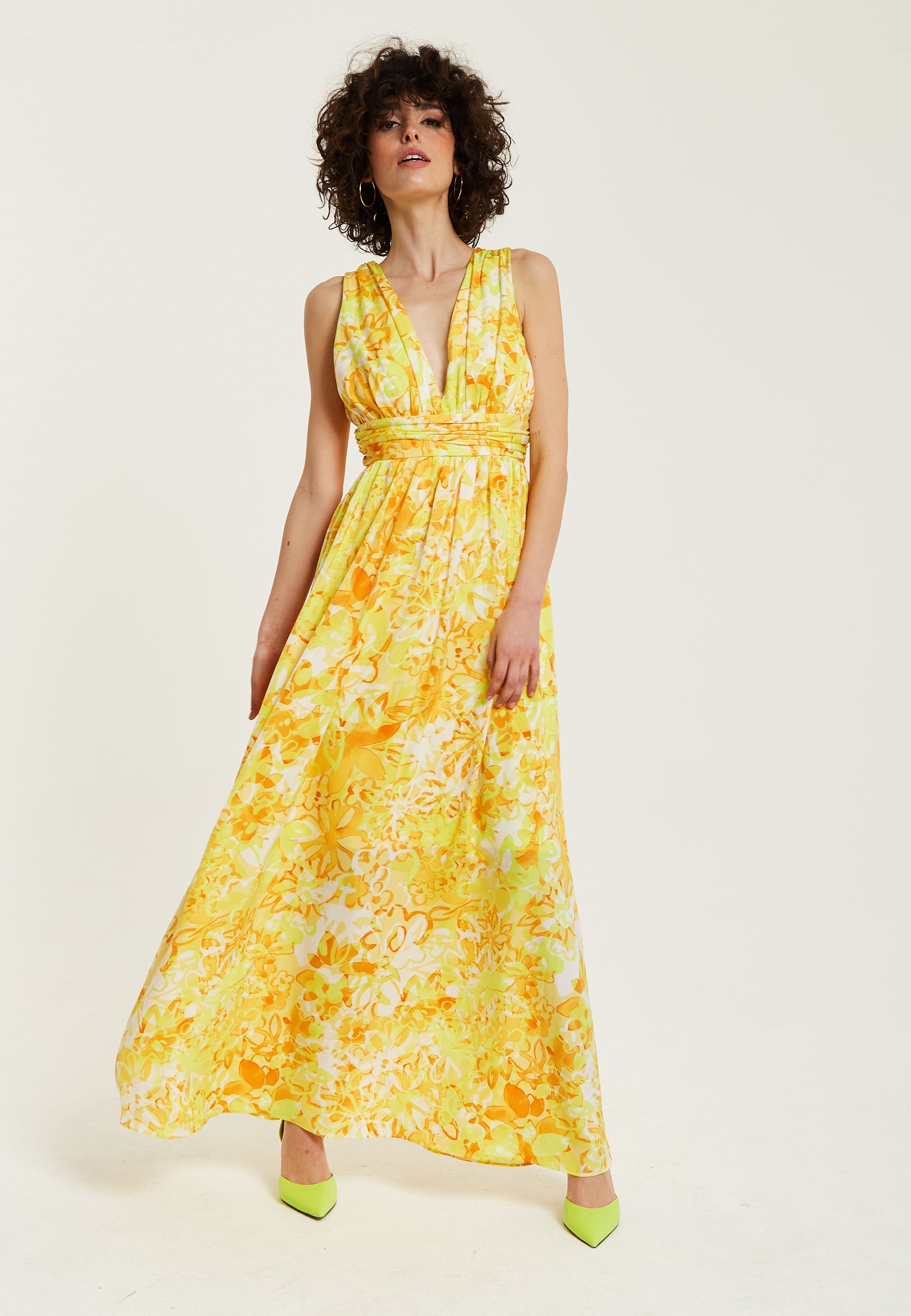 Women's Maxi Dress with Sleeveless Design in Yellow and Orange Floral Print - Elegant V-Neck Style by Liquorish