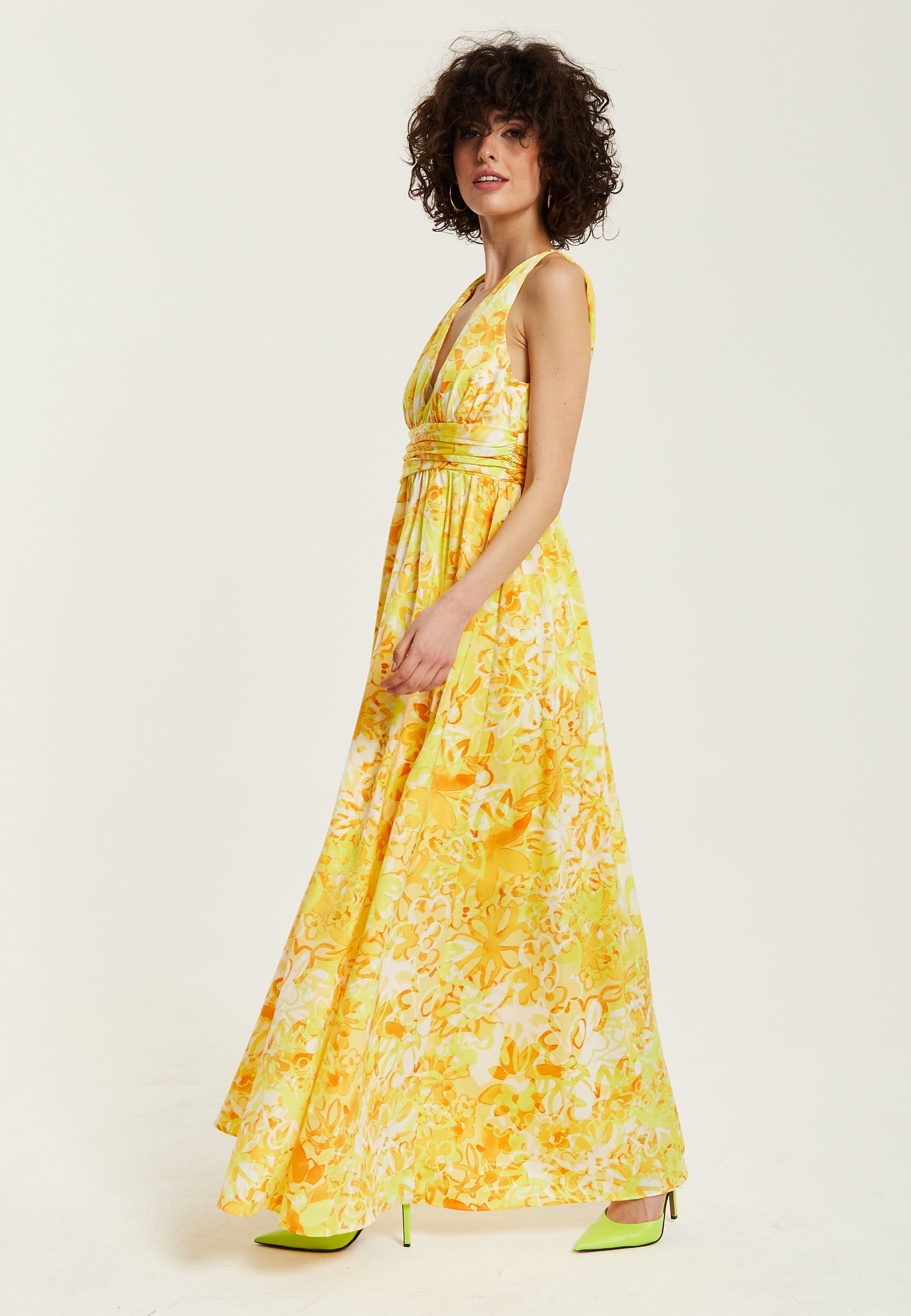 Women's Maxi Dress with Sleeveless Design in Yellow and Orange Floral Print - Elegant V-Neck Style by Liquorish