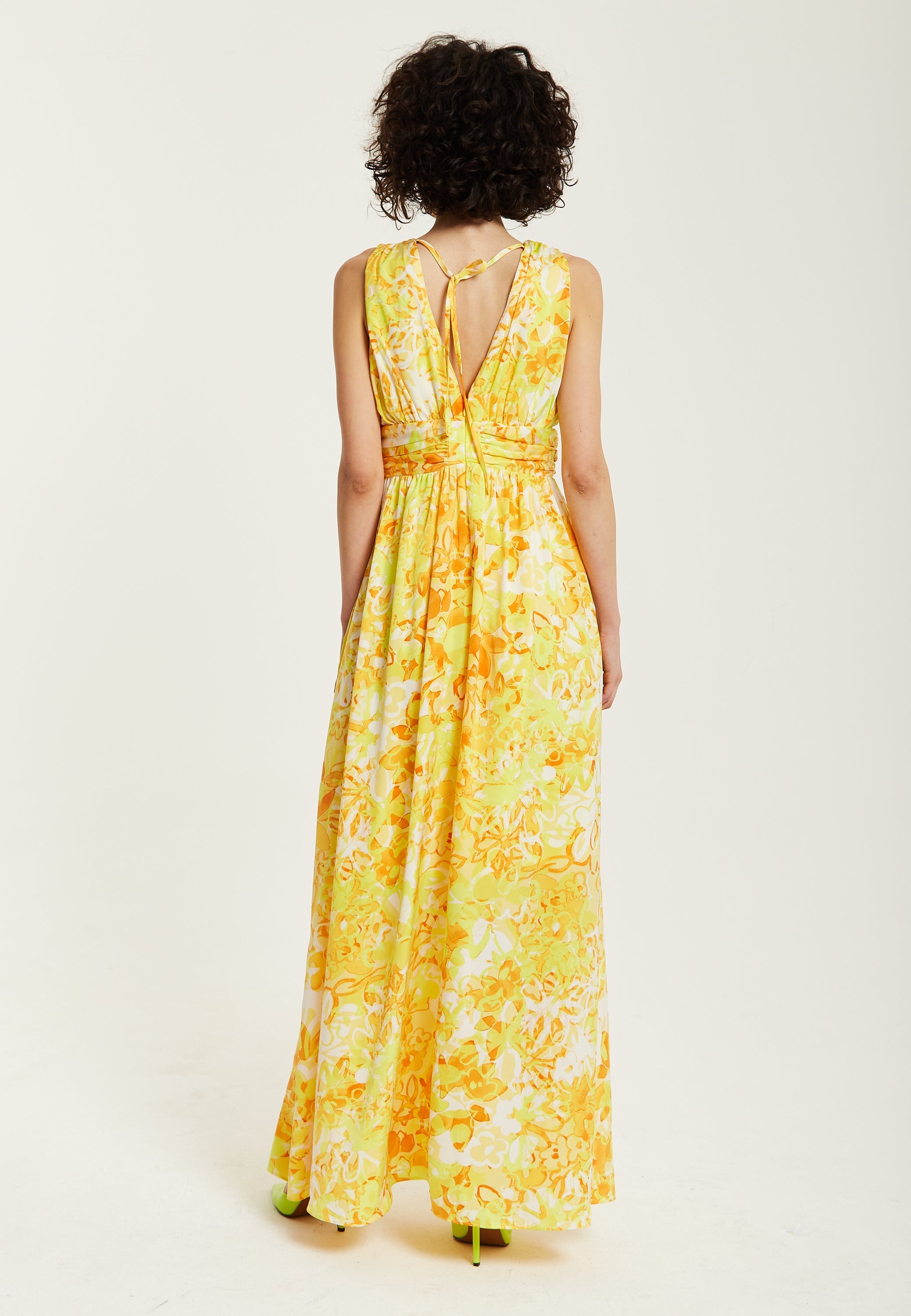 Women's Maxi Dress with Sleeveless Design in Yellow and Orange Floral Print - Elegant V-Neck Style by Liquorish