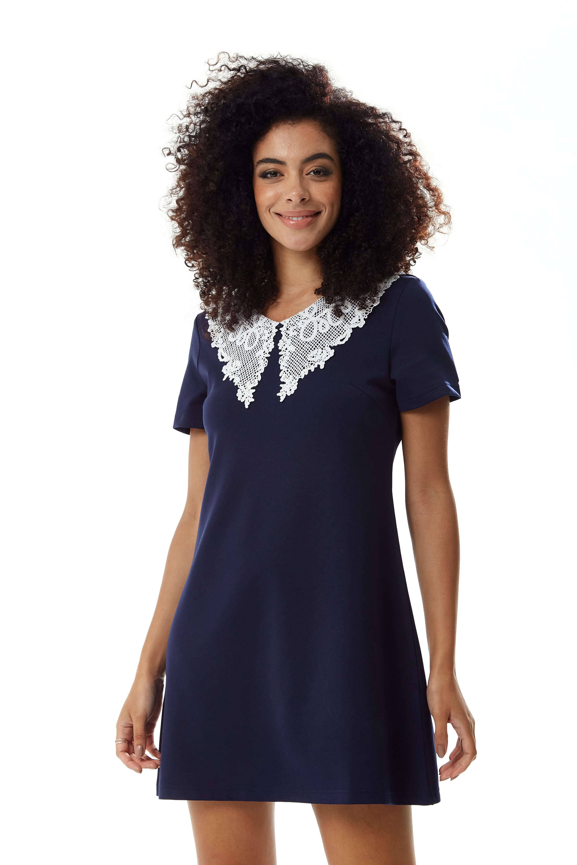 Women's Mini Dress in Navy with Short Sleeves and Lace Collar - Elegant Style by Liquorish