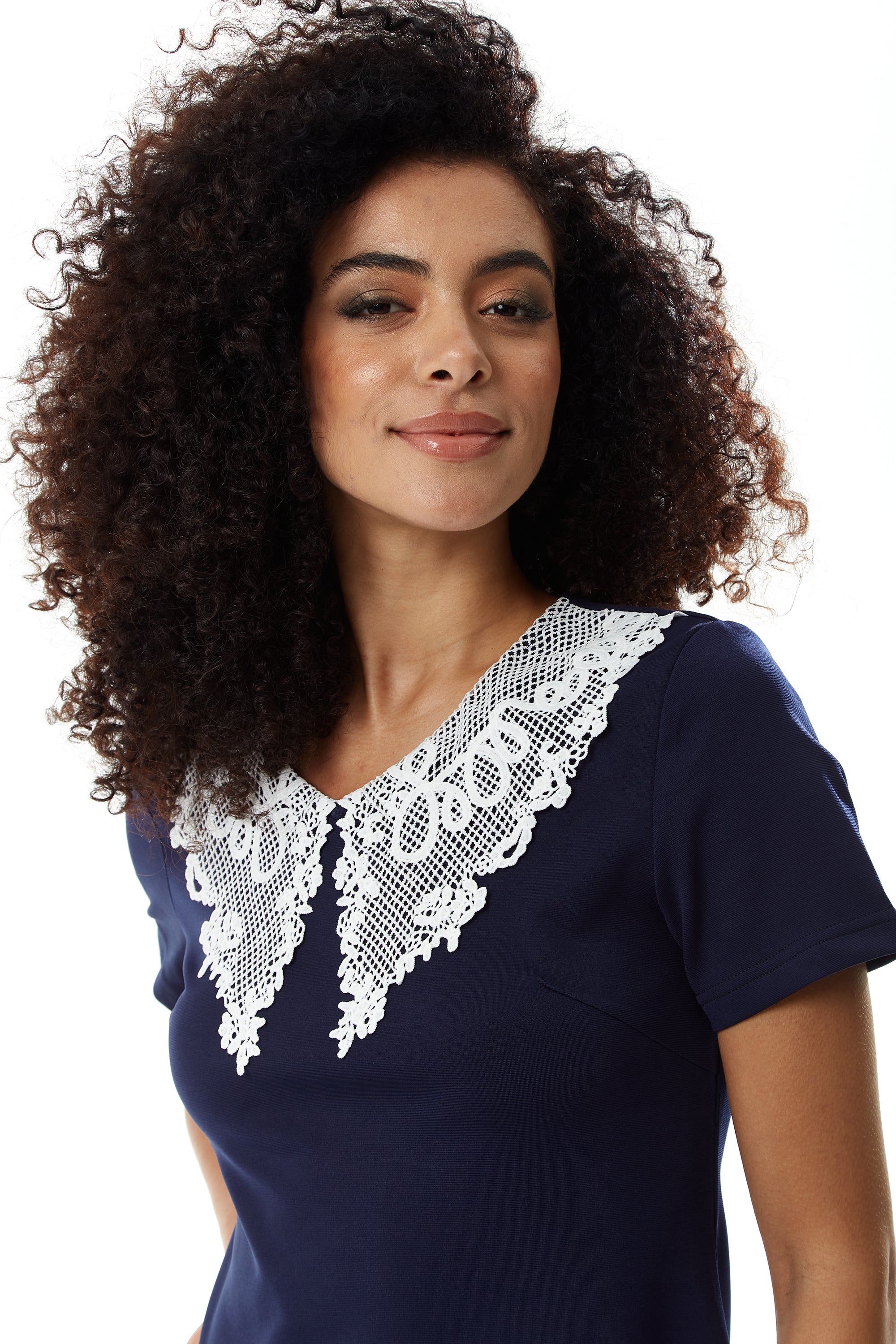 Women's Mini Dress in Navy with Short Sleeves and Lace Collar - Elegant Style by Liquorish