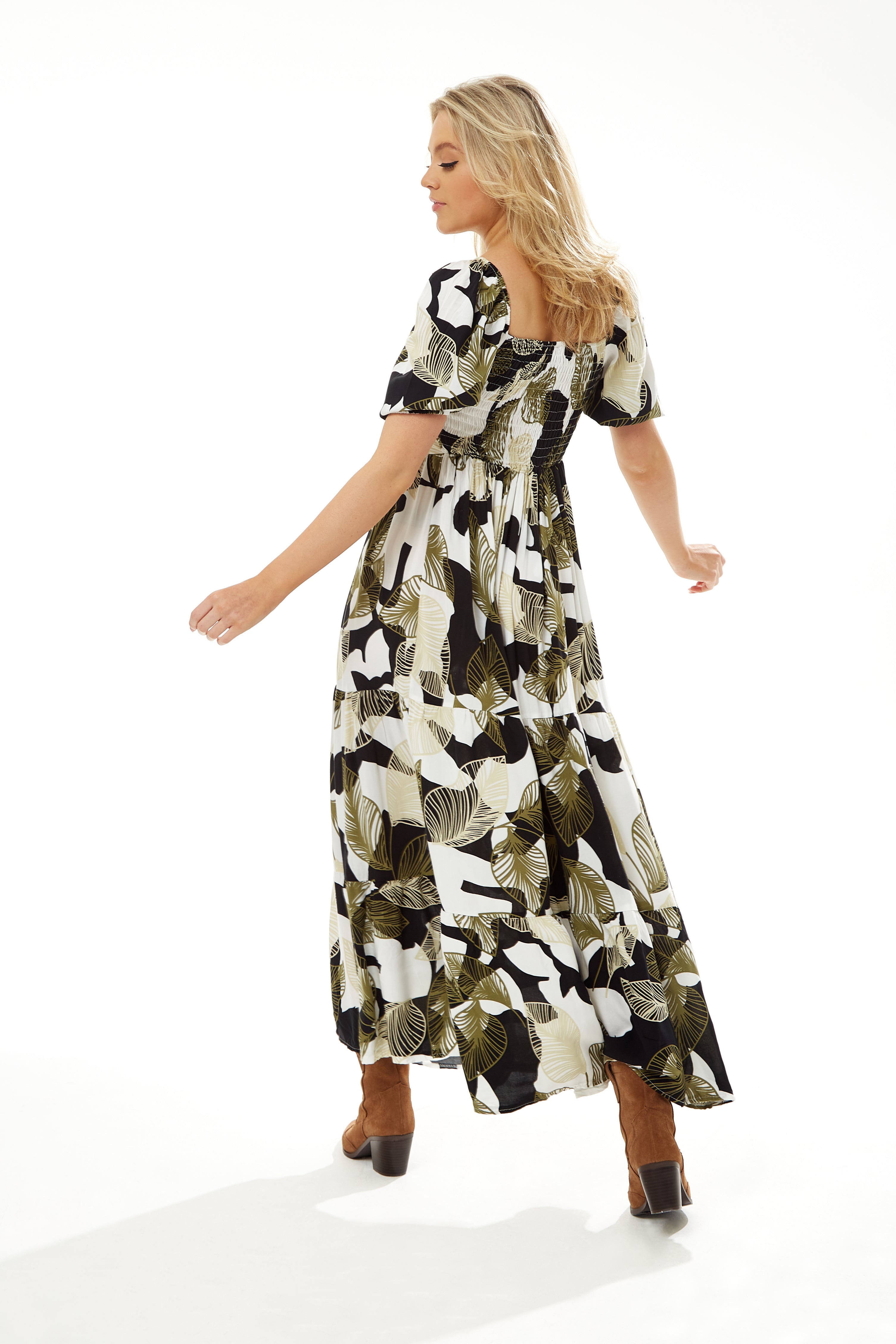 Women's Maxi Dress with Leaf Print, Button Up Front, Short Sleeves - Stylish and Comfortable, Liquorish