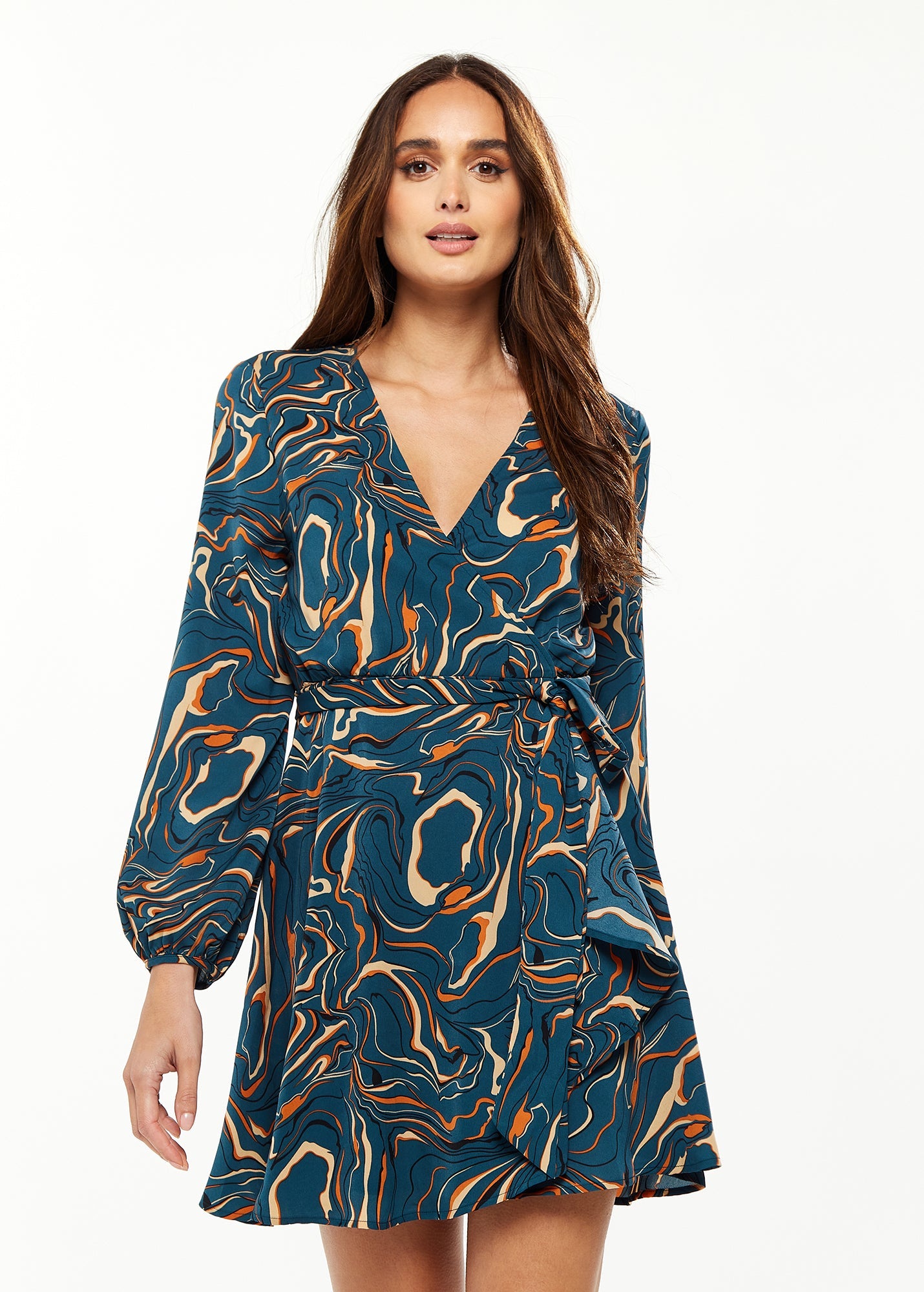 Women's Mini Dress in Dark Green with Long Sleeves and Scribble Print Wrap Style - Liquorish