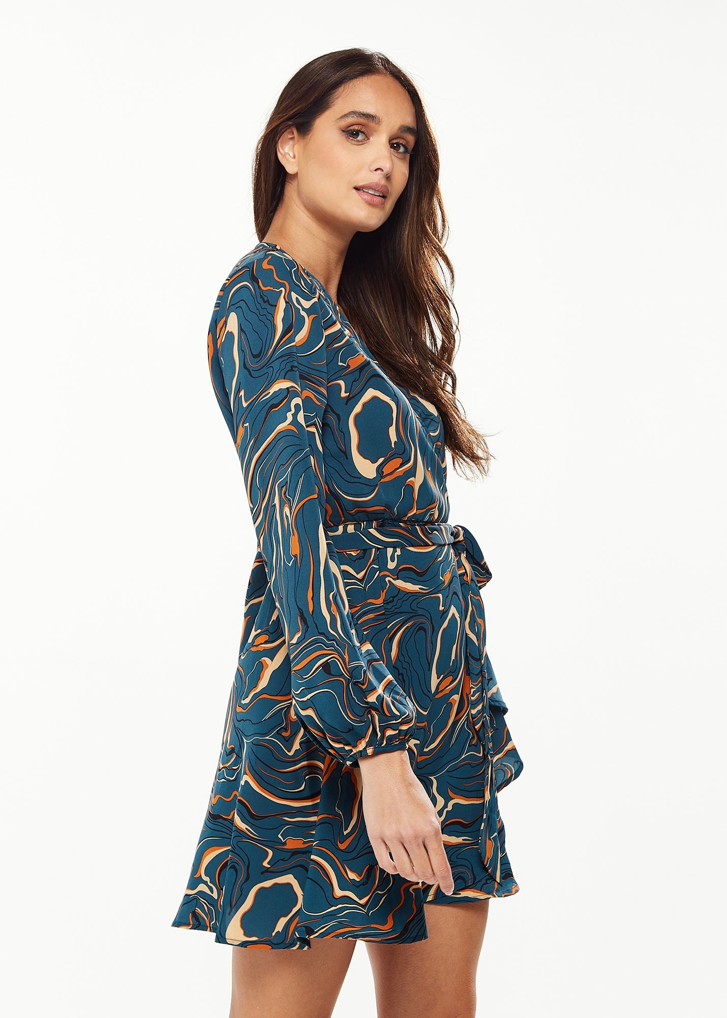 Women's Mini Dress in Dark Green with Long Sleeves and Scribble Print Wrap Style - Liquorish
