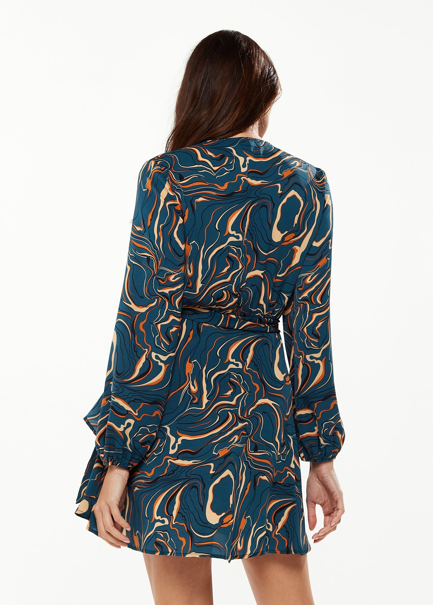 Women's Mini Dress in Dark Green with Long Sleeves and Scribble Print Wrap Style - Liquorish