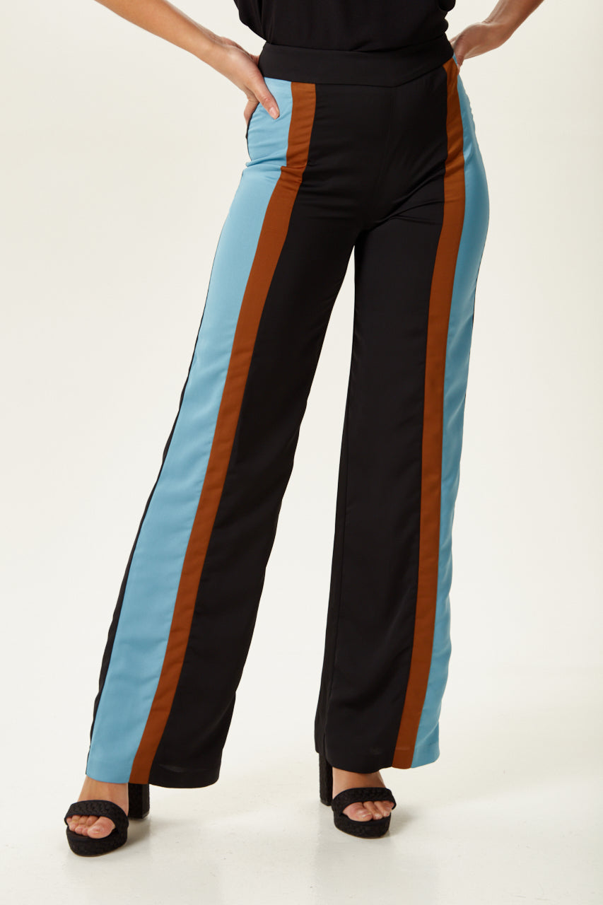 Women's Trousers - Navy and Blue Colour Block Wide Leg, High Rise, Regular Fit, Side Zip - Liquorish