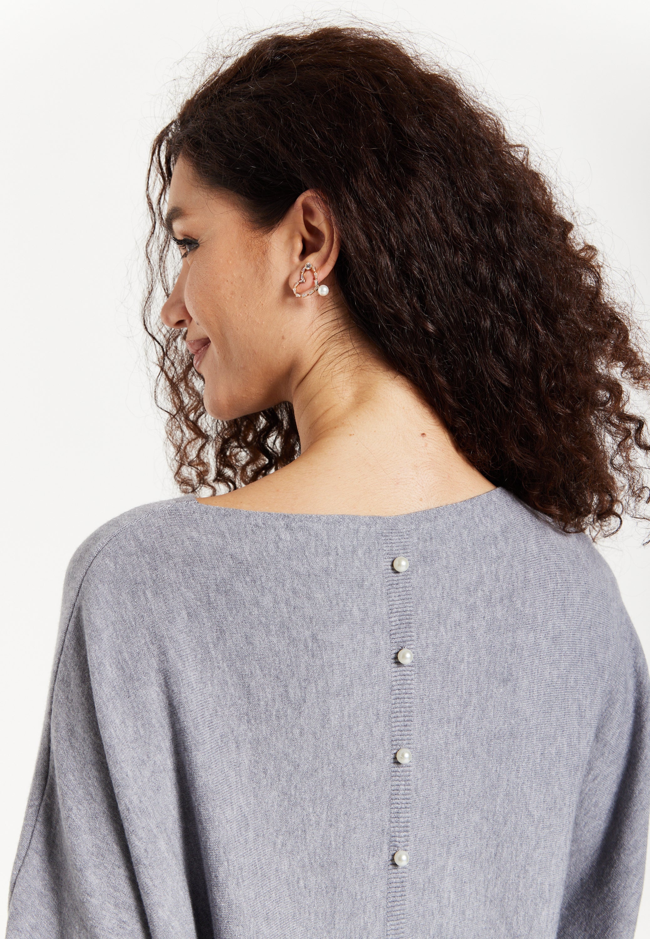 Women's Jumper in Light Grey with Back Pearl-Button Detail and Batwing Sleeves, Perfect for Effortless Style and Comfort - Liquorish