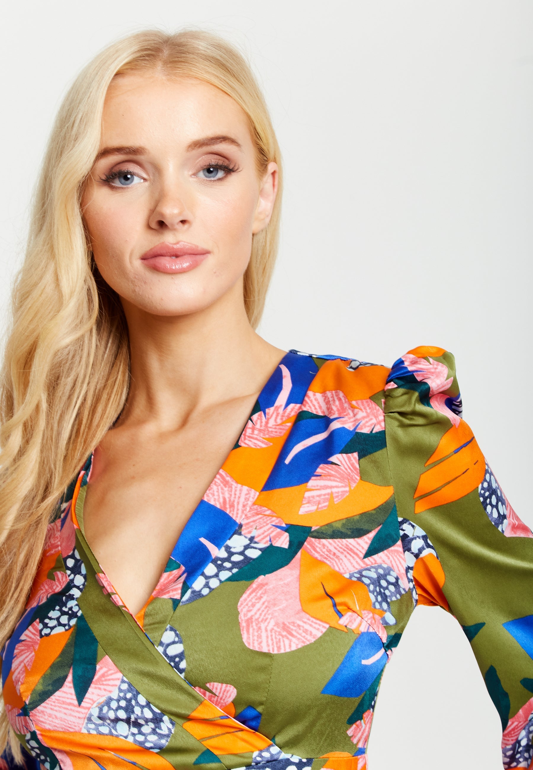 Women's Midi Dress in Olive with Long Balloon Sleeves - Elegant Abstract Leaf Print by Liquorish