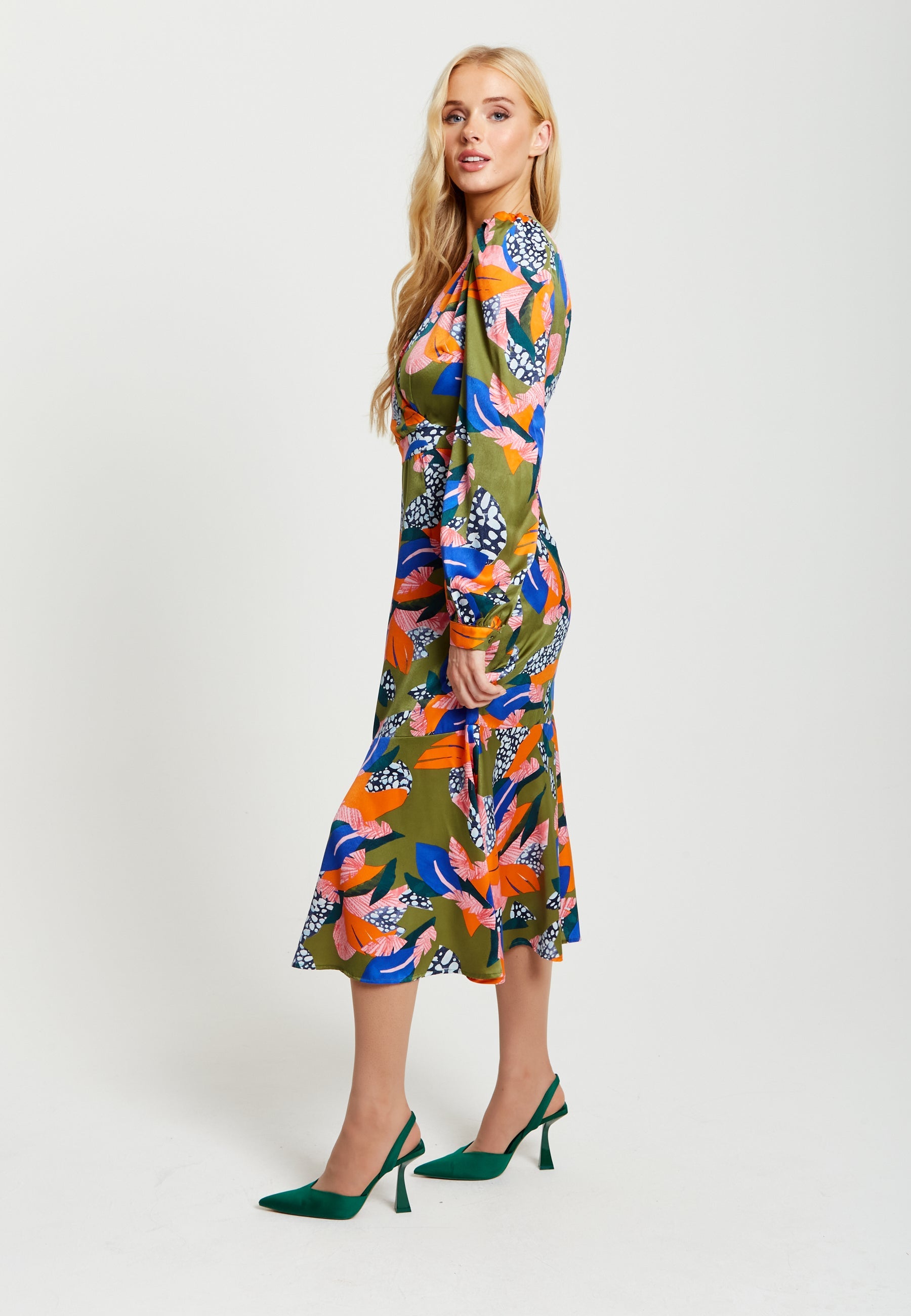 Women's Midi Dress in Olive with Long Balloon Sleeves - Elegant Abstract Leaf Print by Liquorish