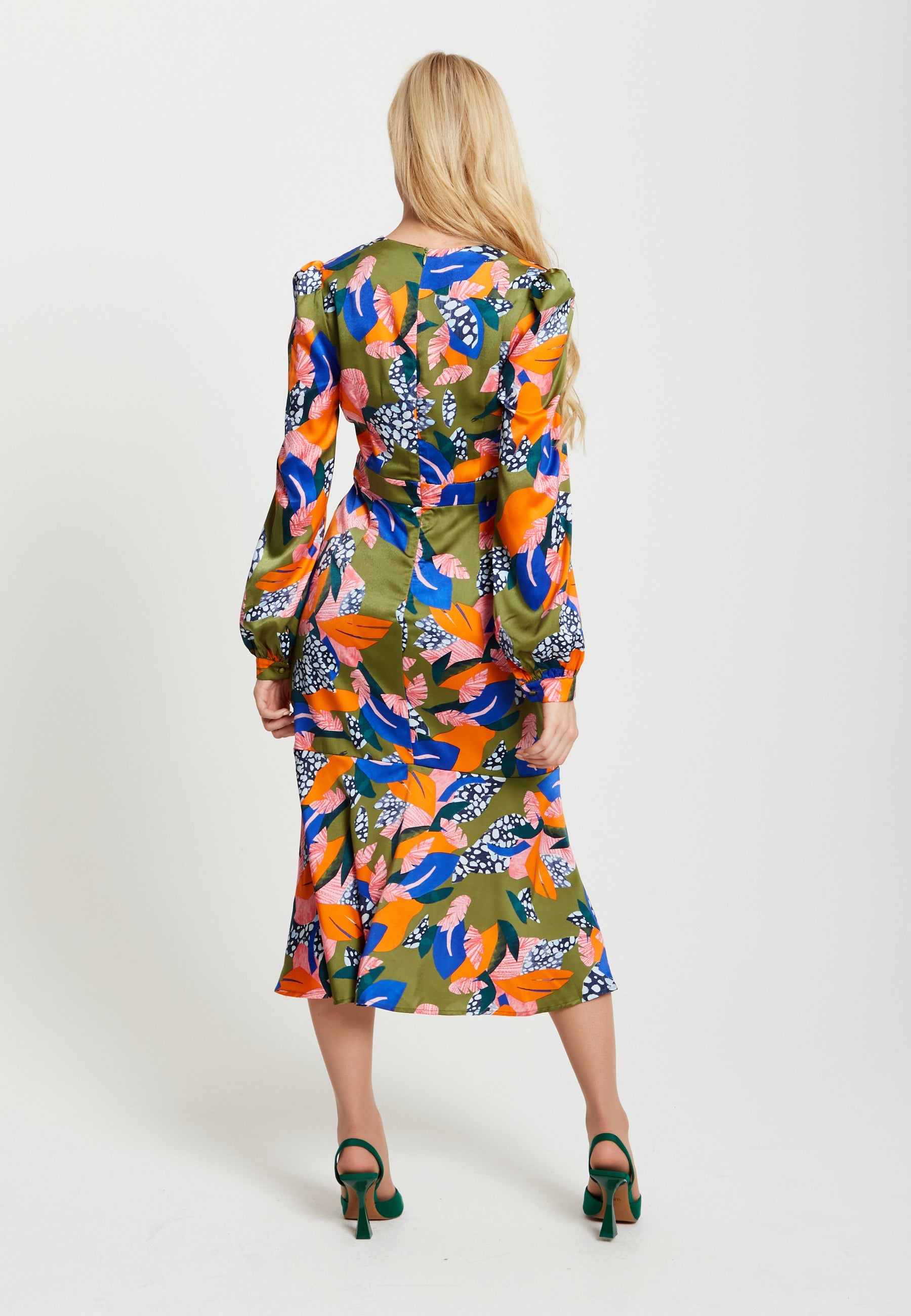 Women's Midi Dress in Olive with Long Balloon Sleeves - Elegant Abstract Leaf Print by Liquorish