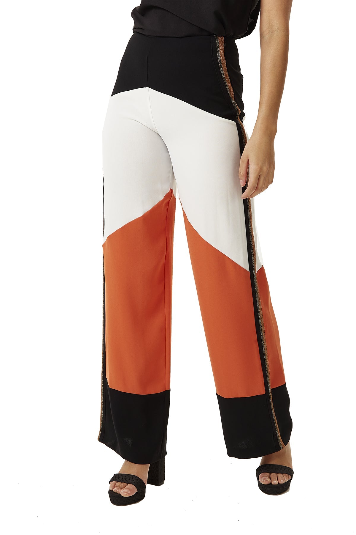 Women's Trousers: High Rise Wide Leg Colour Block with Lurex Details - Side Zip, Regular Fit - Liquorish