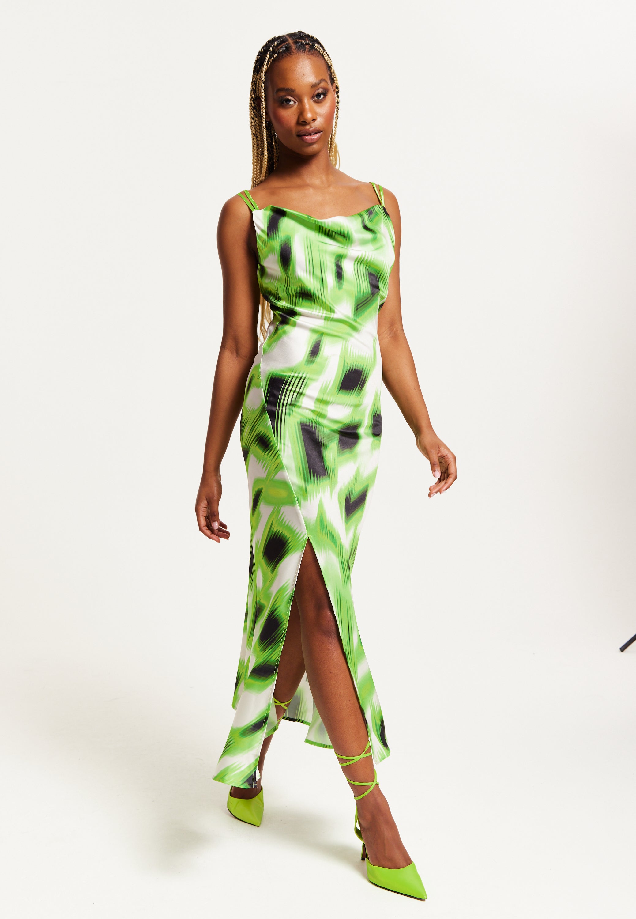 Women's Midi Dress with Slit Front, Cowl Neck, Abstract Green & Black Print, Adjustable Strap, Sleeveless Design - Liquorish