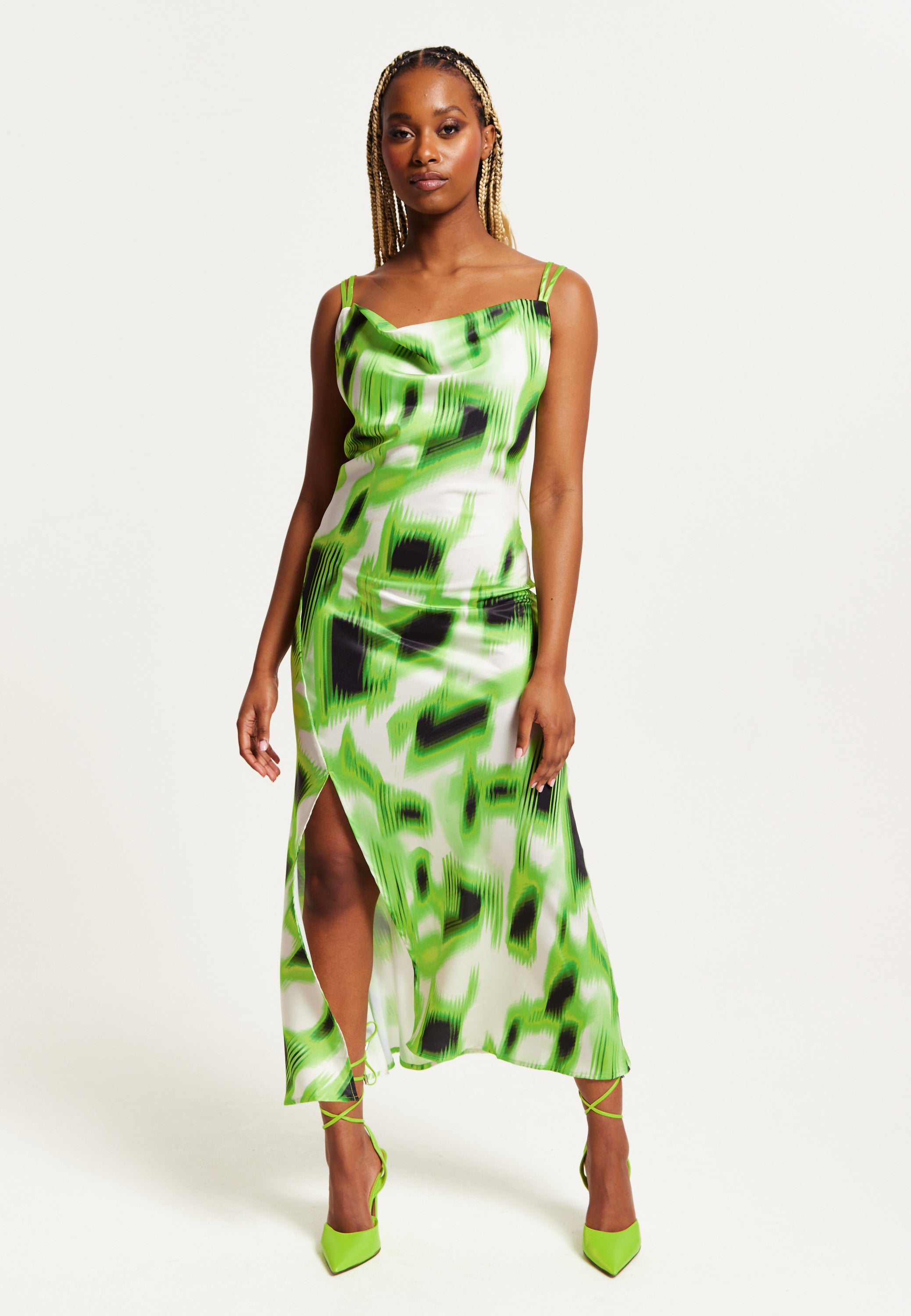 Women's Midi Dress with Slit Front, Cowl Neck, Abstract Green & Black Print, Adjustable Strap, Sleeveless Design - Liquorish