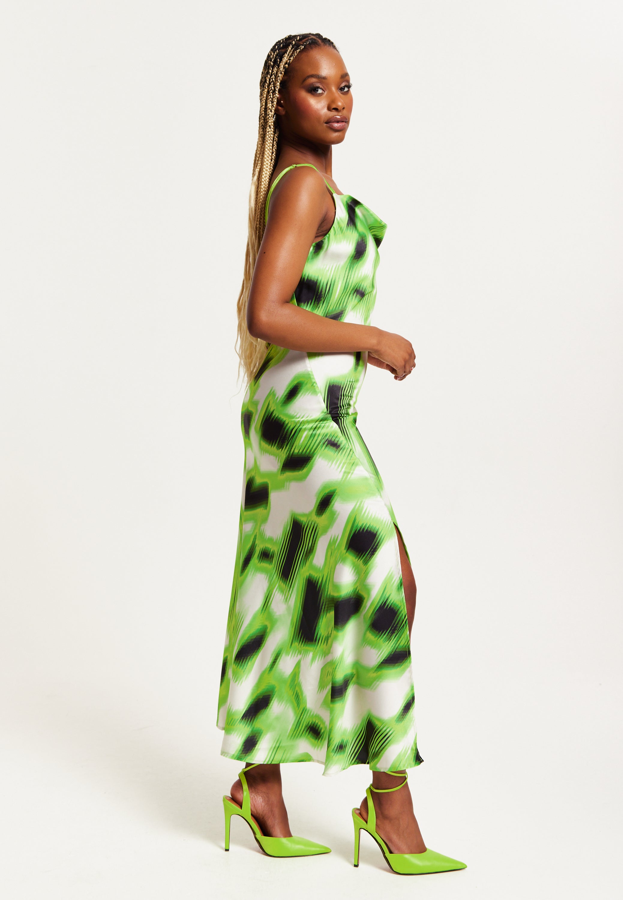 Women's Midi Dress with Slit Front, Cowl Neck, Abstract Green & Black Print, Adjustable Strap, Sleeveless Design - Liquorish