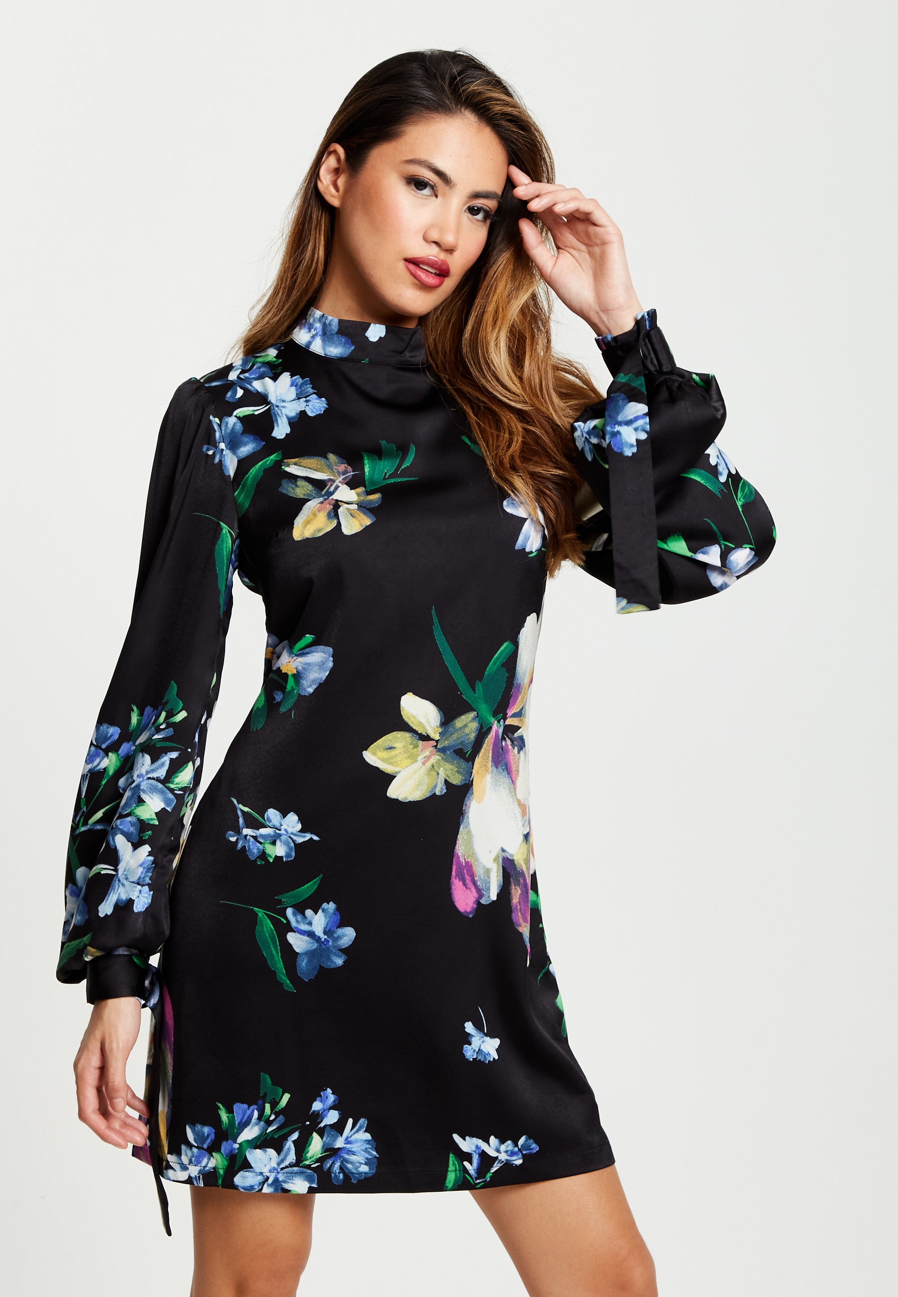 Women’s Mini Dress in Black with Long Balloon Sleeves and Floral Print Elegance by Liquorish