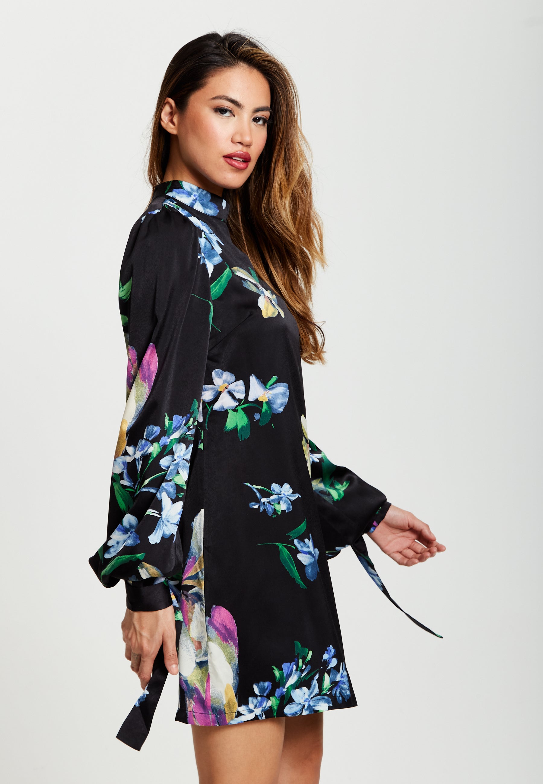 Women’s Mini Dress in Black with Long Balloon Sleeves and Floral Print Elegance by Liquorish