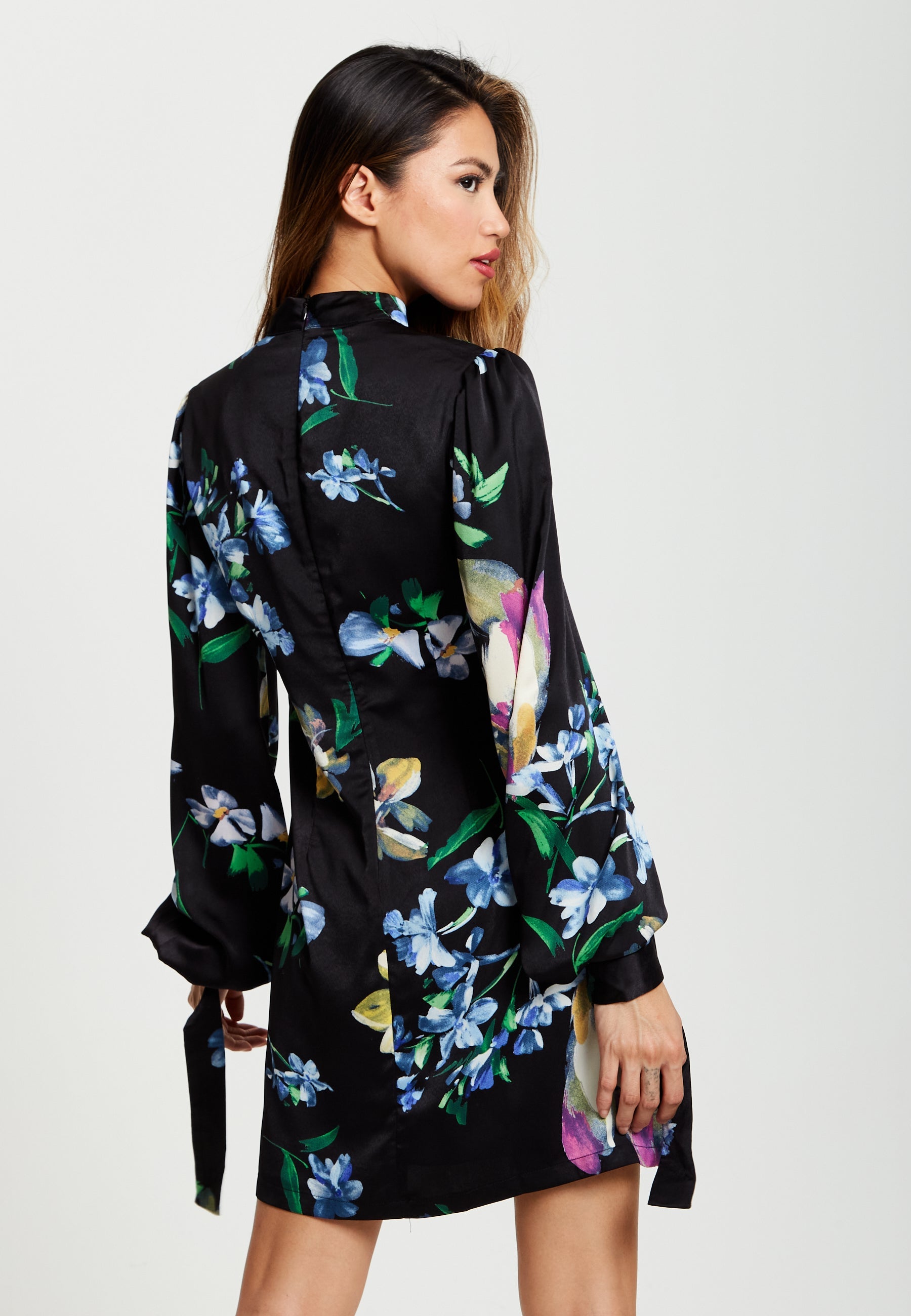 Women’s Mini Dress in Black with Long Balloon Sleeves and Floral Print Elegance by Liquorish