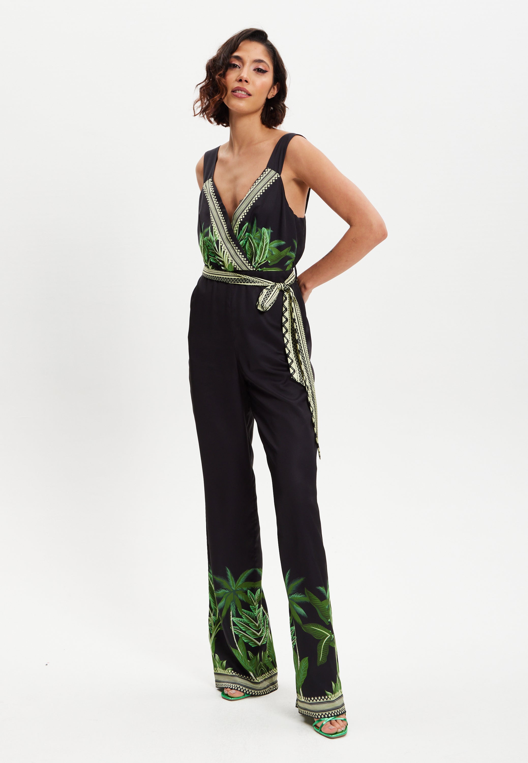 Women's V-neck Wide Leg Jumpsuit with Tie Waist in Leaf Print - Regular Fit, 100% Polyester - Liquorish