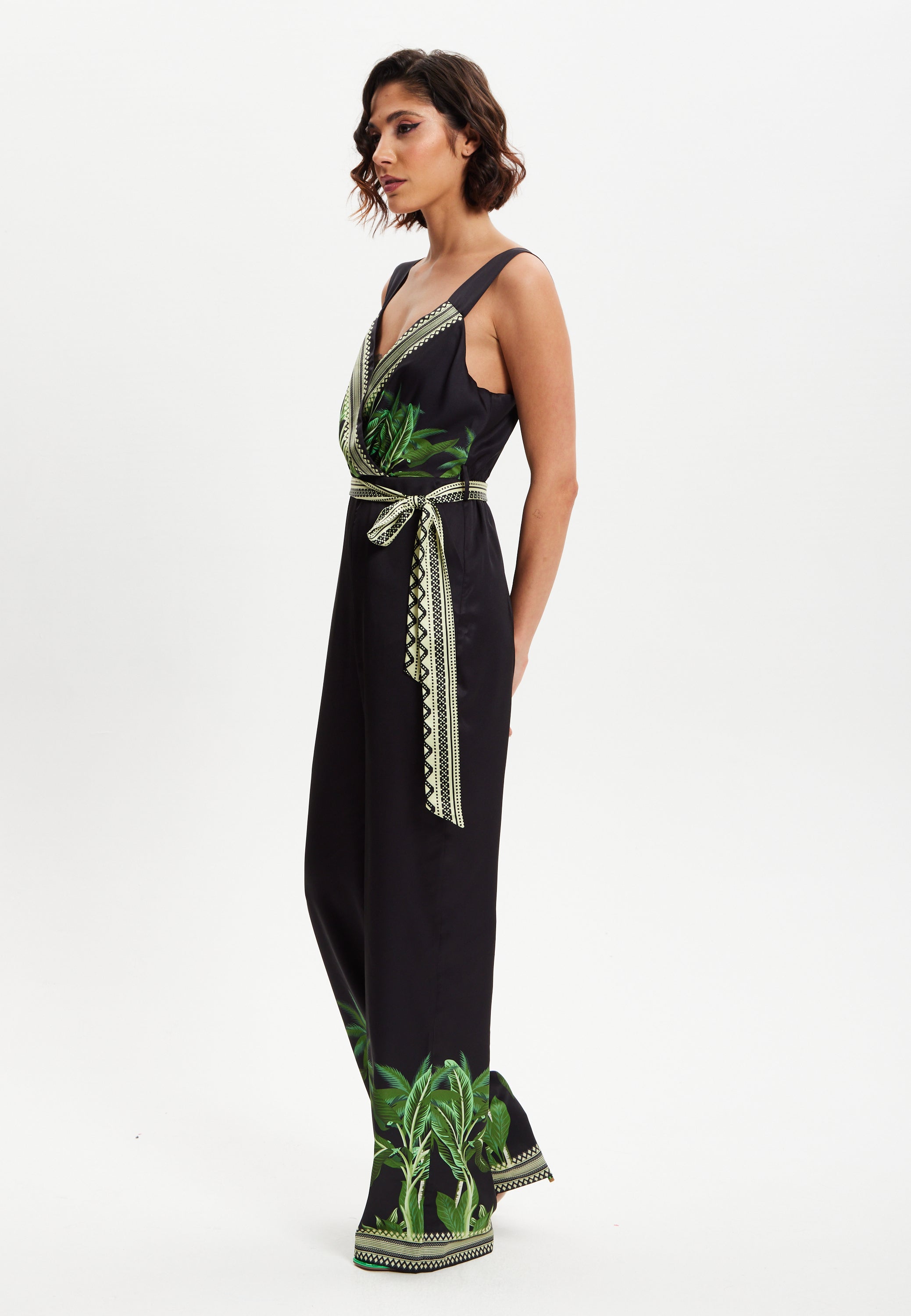 Women's V-neck Wide Leg Jumpsuit with Tie Waist in Leaf Print - Regular Fit, 100% Polyester - Liquorish