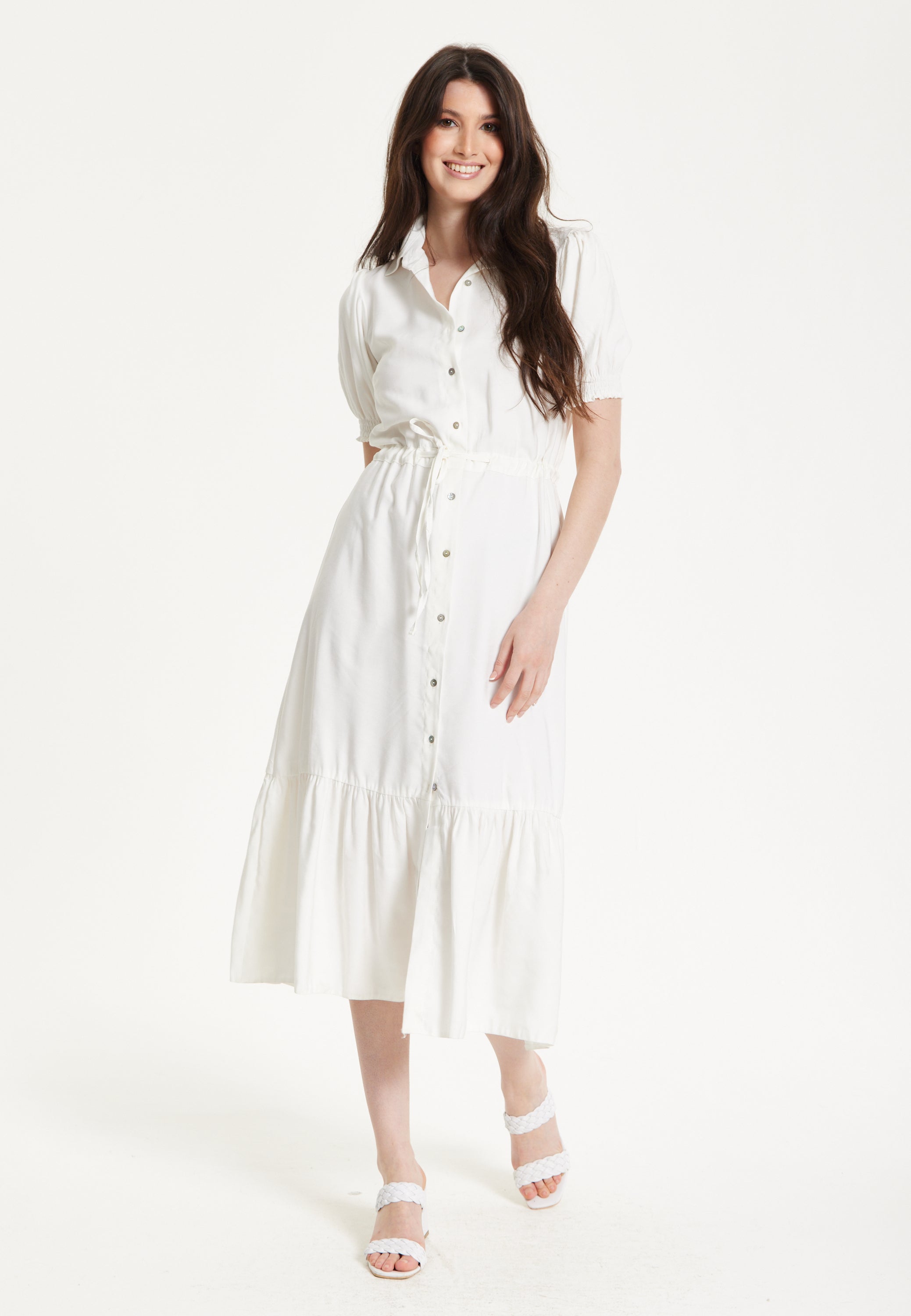White Belted Button Midi Dress