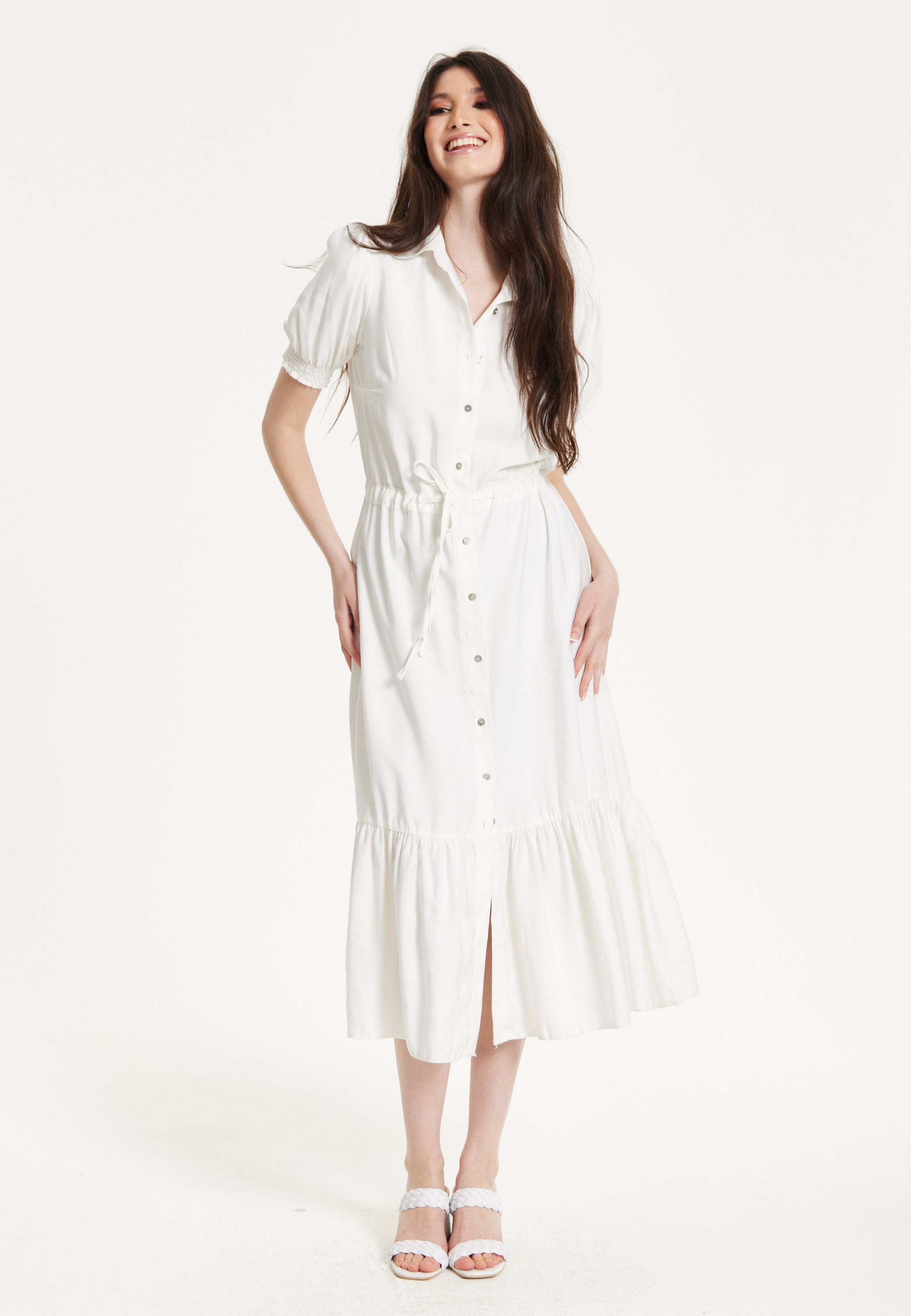 White Belted Button Midi Dress