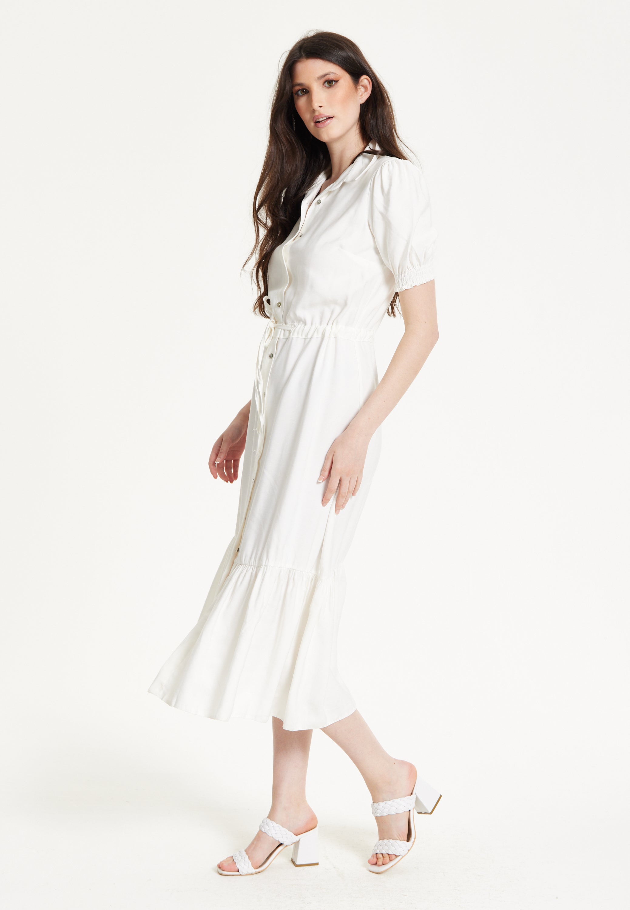 White Belted Button Midi Dress