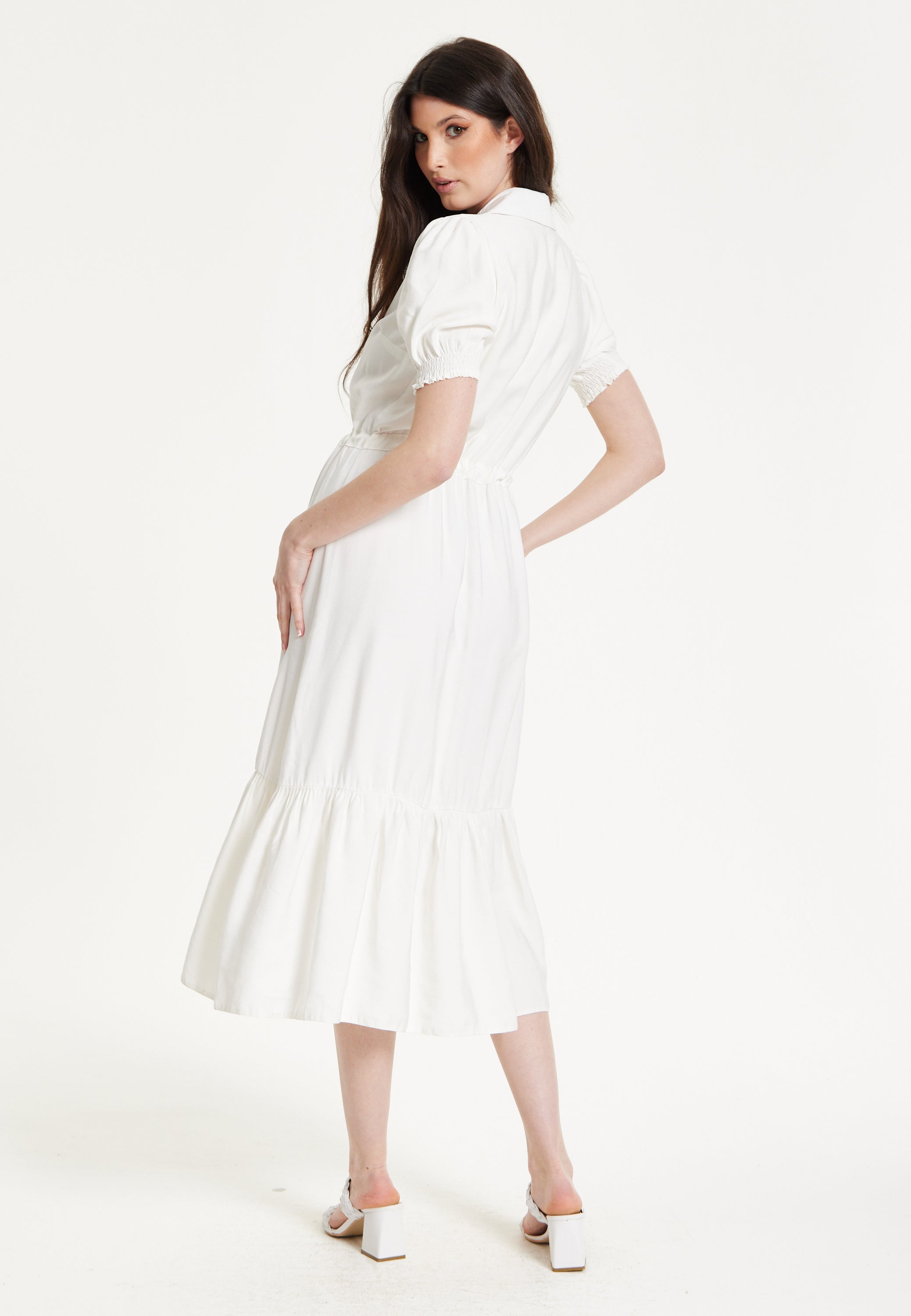 White Belted Button Midi Dress