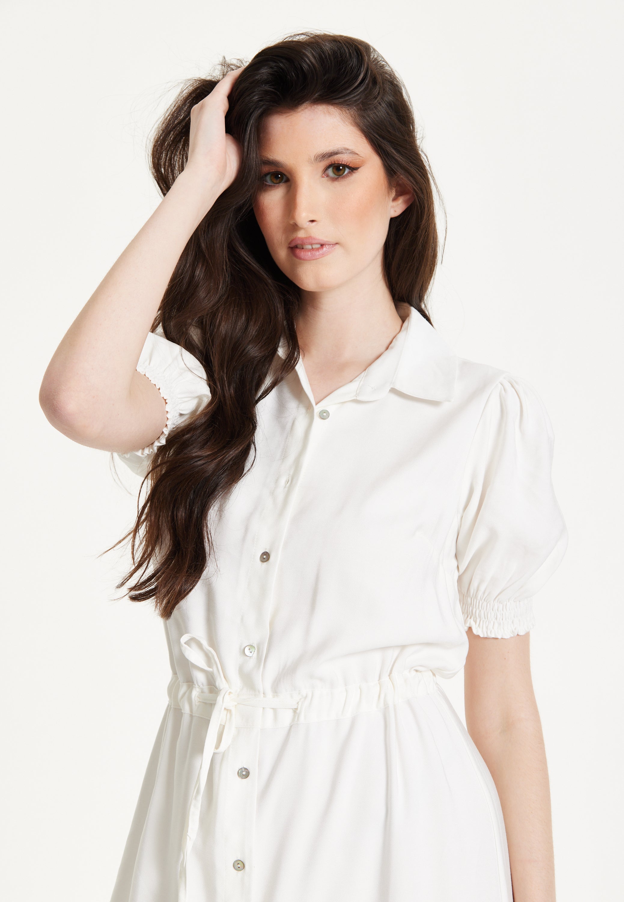 White Belted Button Midi Dress