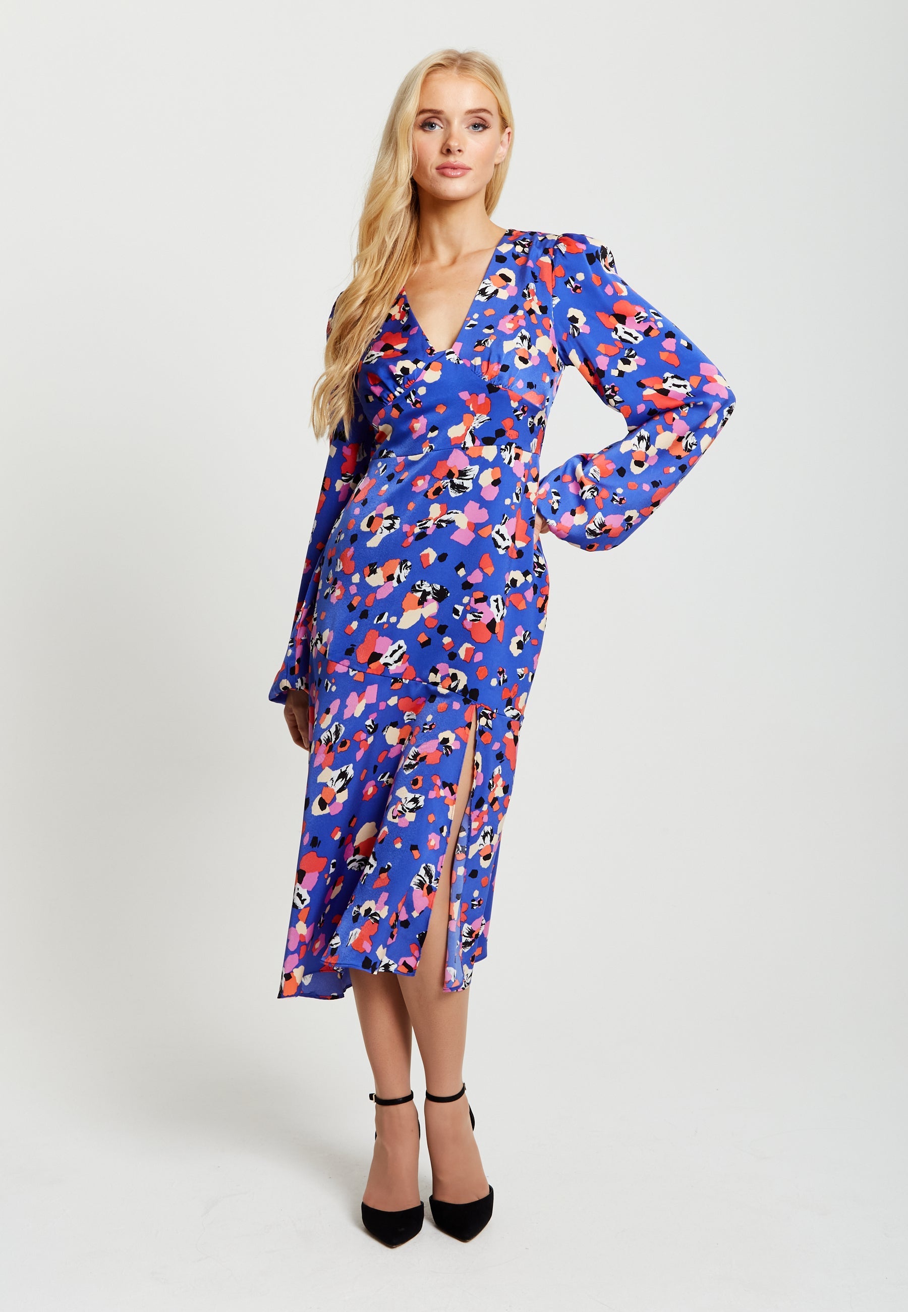 Women's Midi Dress with Long Balloon Sleeves in Multicolour Abstract Dot Print - Liquorish