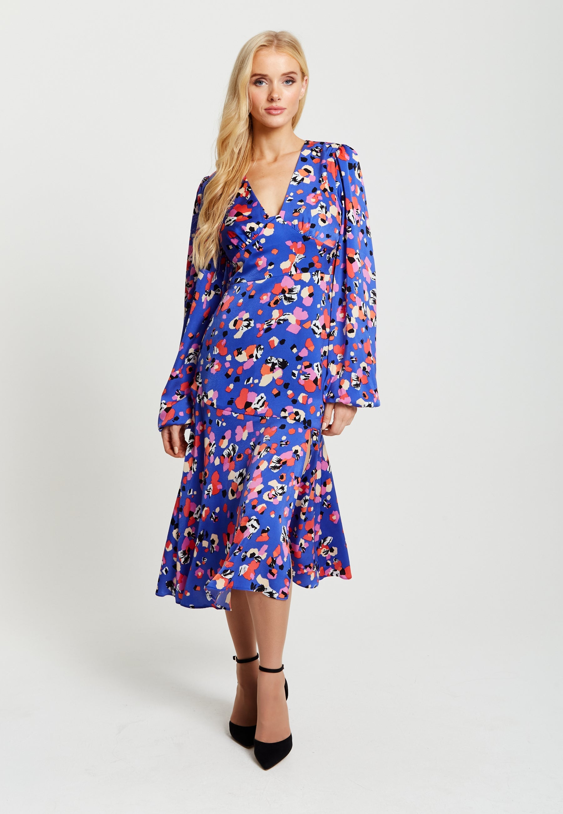 Women's Midi Dress with Long Balloon Sleeves in Multicolour Abstract Dot Print - Liquorish
