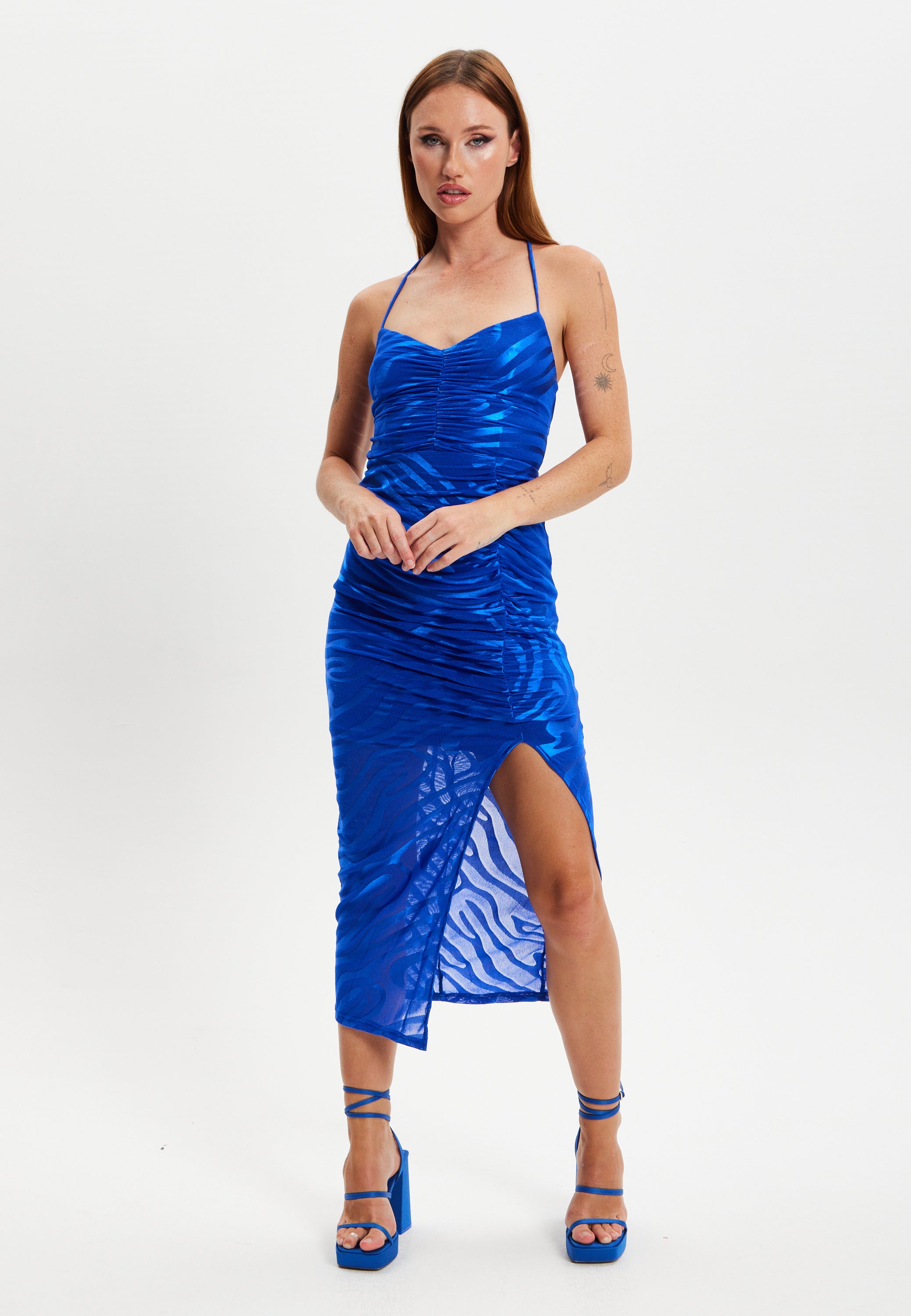 Women's Midi Dress with Sleeveless Design in Royal Blue Zebra Print - Liquorish