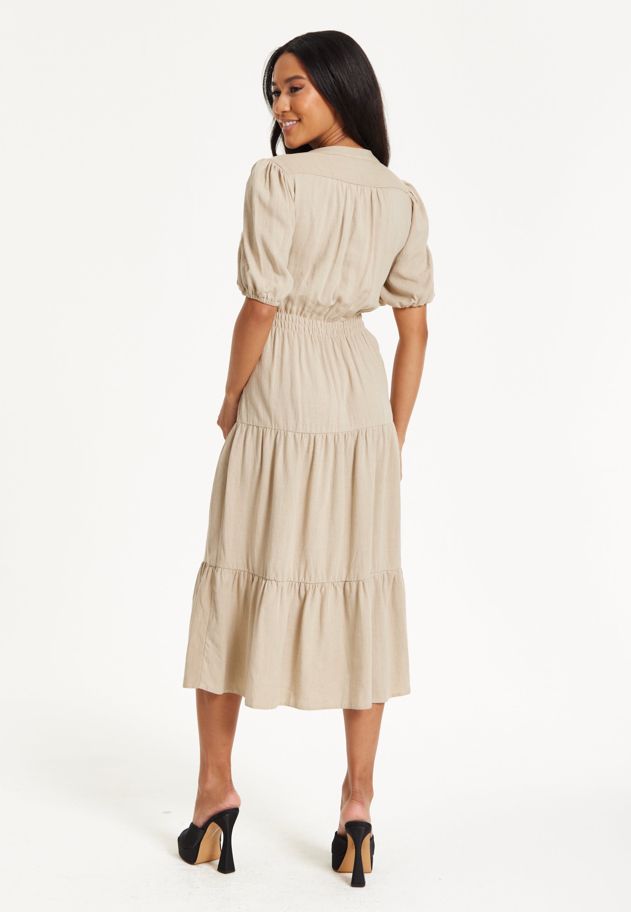 Beige Puff Sleeve Tiered Midi Dress