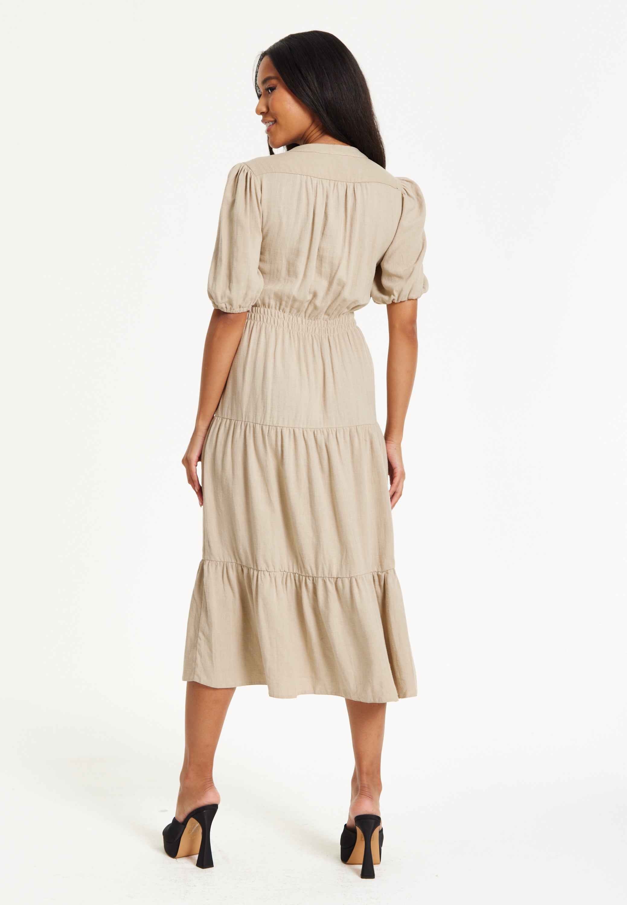 Beige Puff Sleeve Tiered Midi Dress
