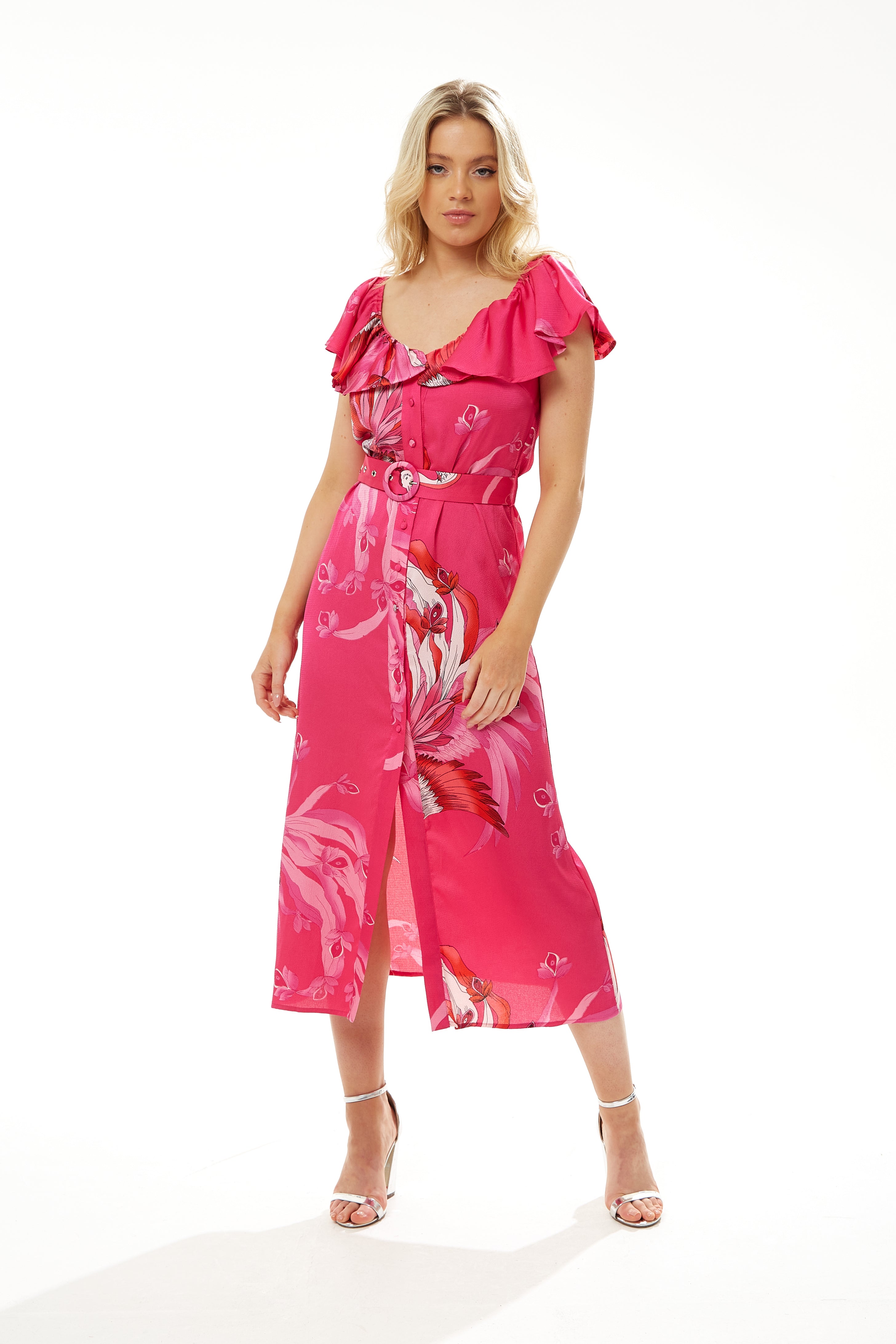 Women's Midi Dress in Fuchsia Bird Print with Off-Shoulder Sleeves - Liquorish