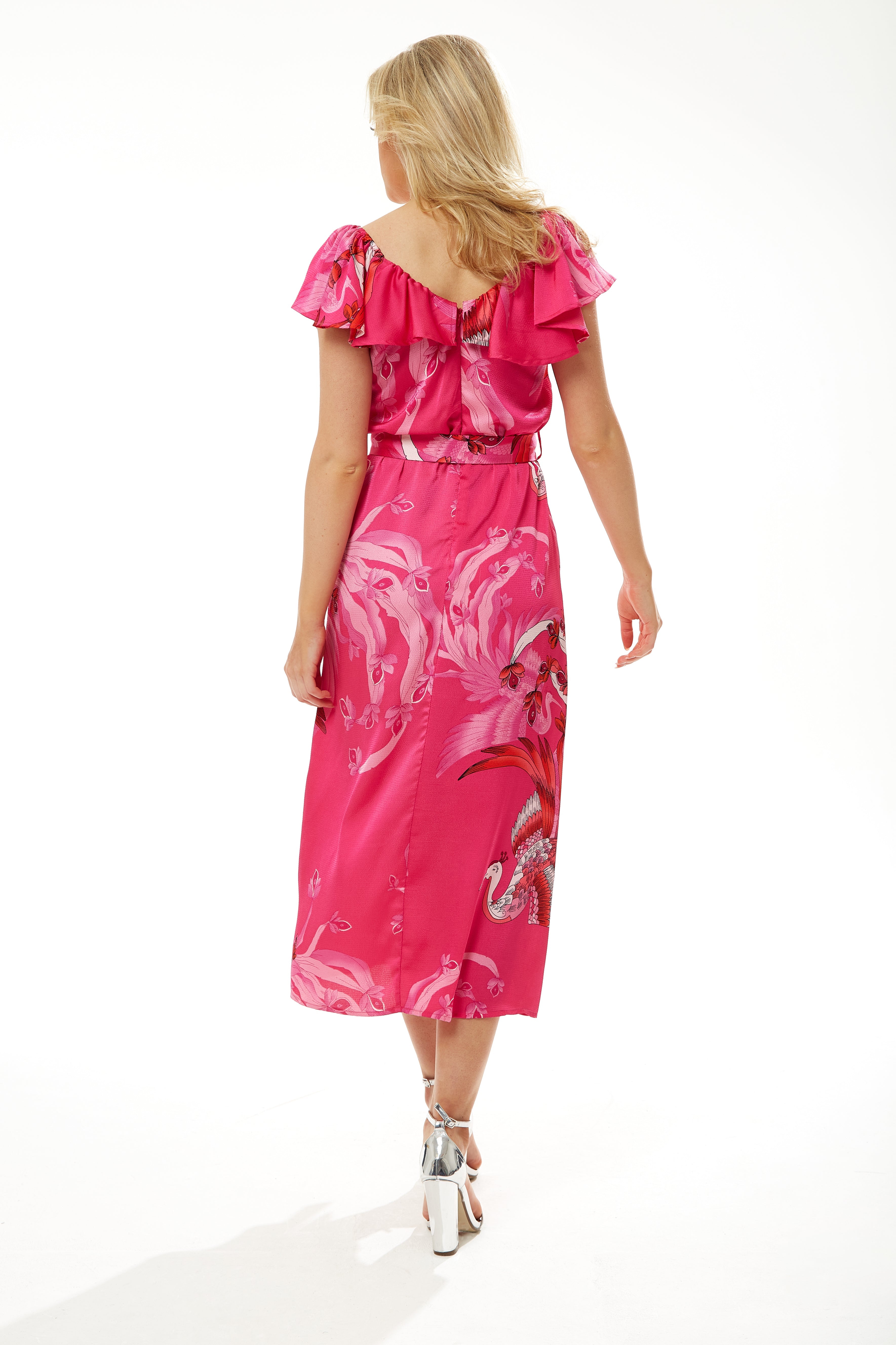 Women's Midi Dress in Fuchsia Bird Print with Off-Shoulder Sleeves - Liquorish
