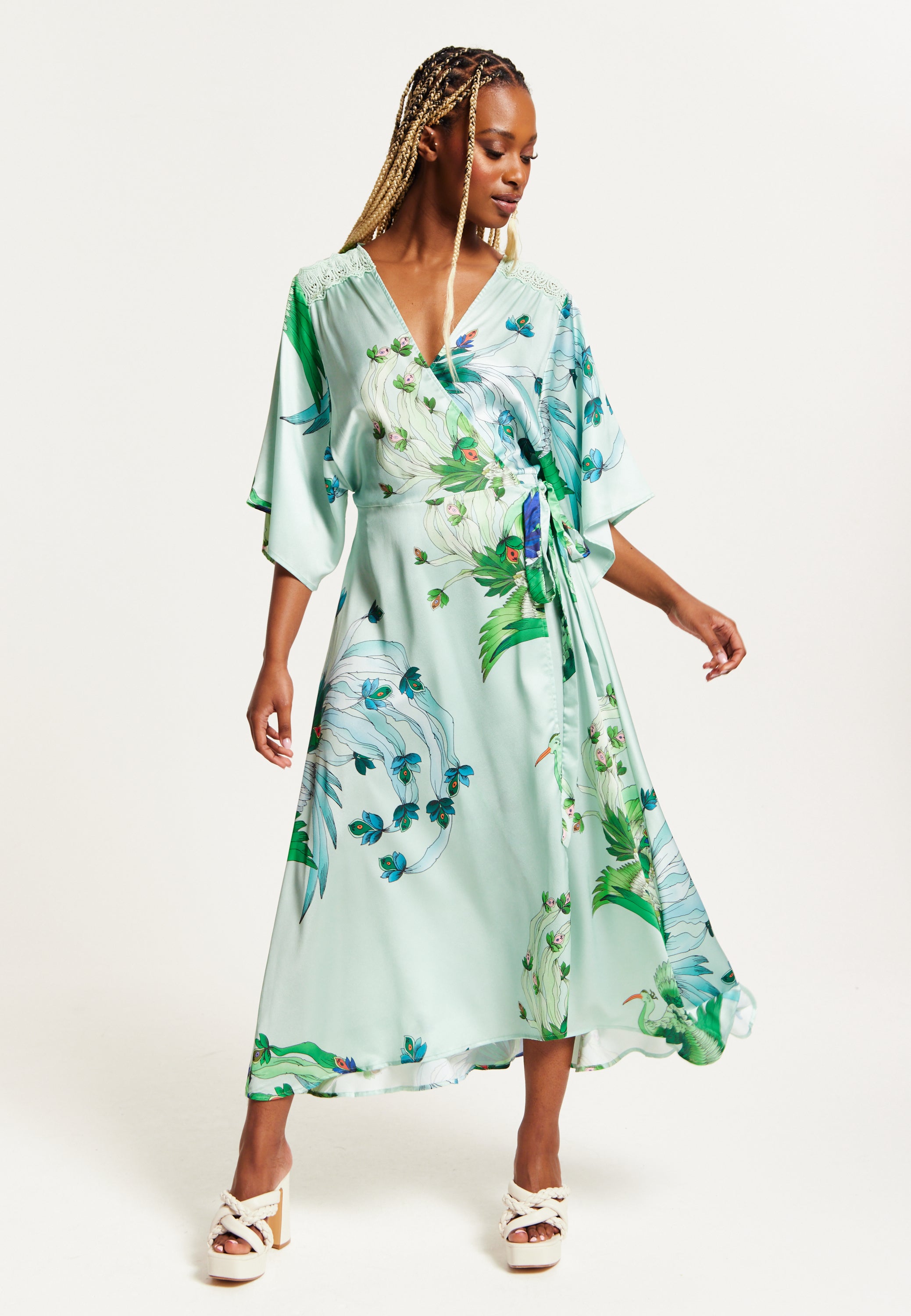 Women's Maxi Dress with Lace Details, V Neck, Flowy Mint Green Bird and Floral Print, Regular Fit, Liquorish